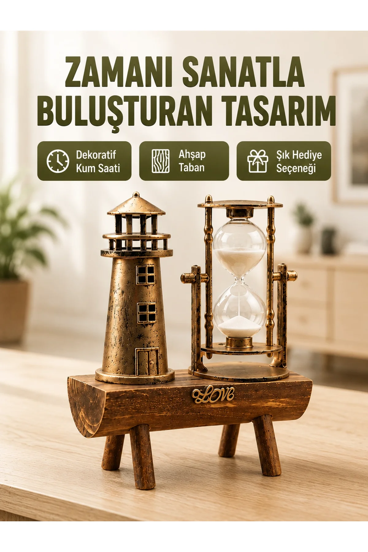 Vintage Kum Saati + Deniz Feneri Modeli – Ahşap Gövdeli Masa Üstü Dekor Yeni Nesil