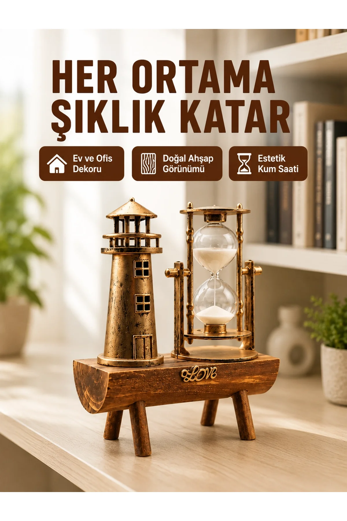 Ahşap Kum Saati Ve Deniz Feneri Figürü Bir Arada Ev Ofis Dekorasyonu Yeni Nesil