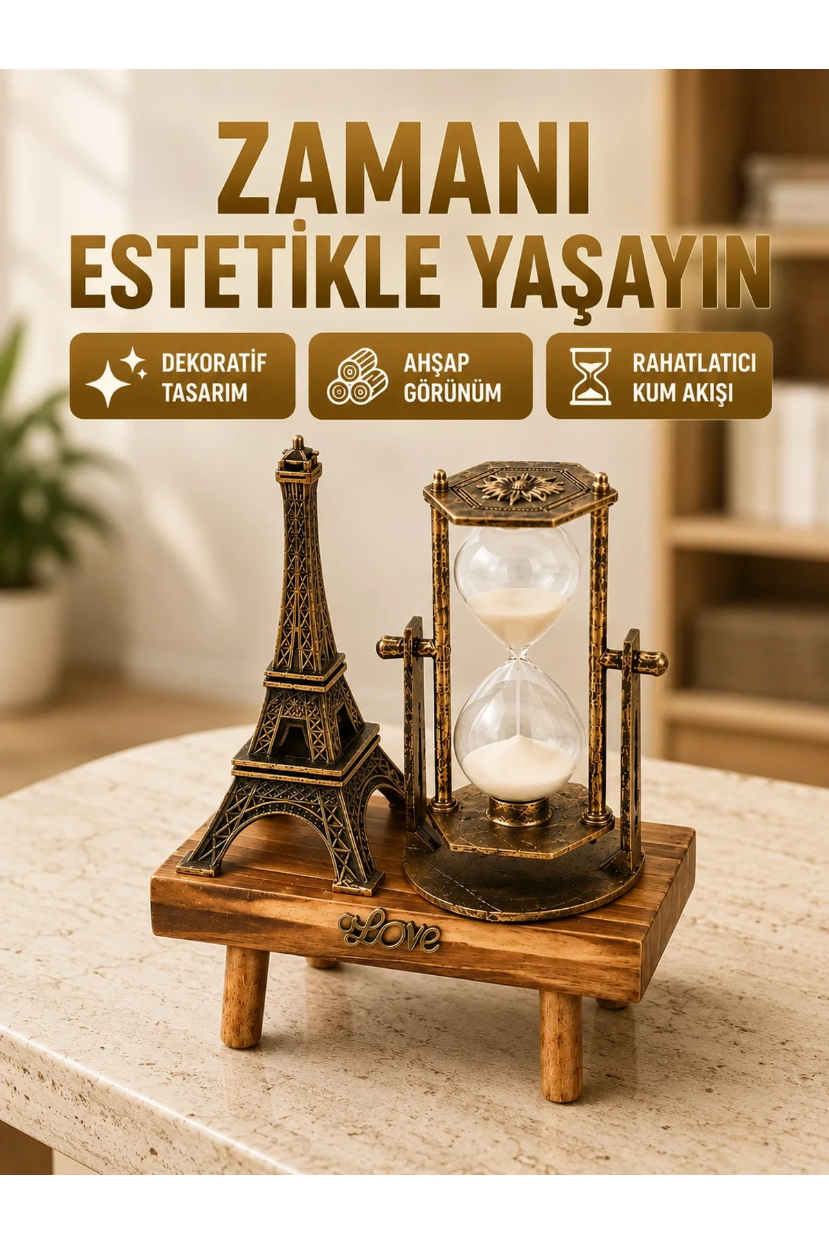 Ahşap Gövdeli Dekoratif Kum Saati – Masa Üstü El Sanatı Aksesuarı