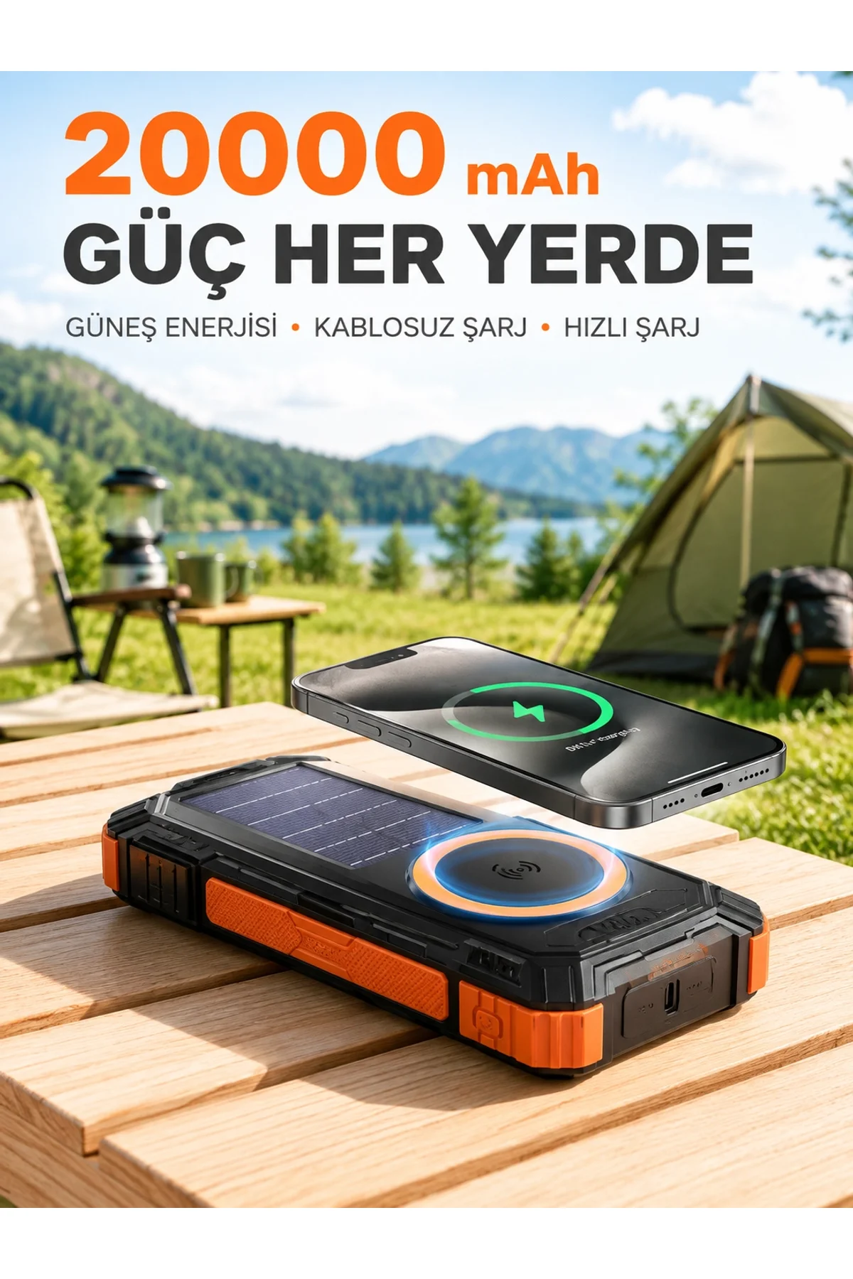 20000 Mah Powerbank Güneş Enerjili Kablosuz Şarj Hızlı Şarj Taşınabilir Batarya