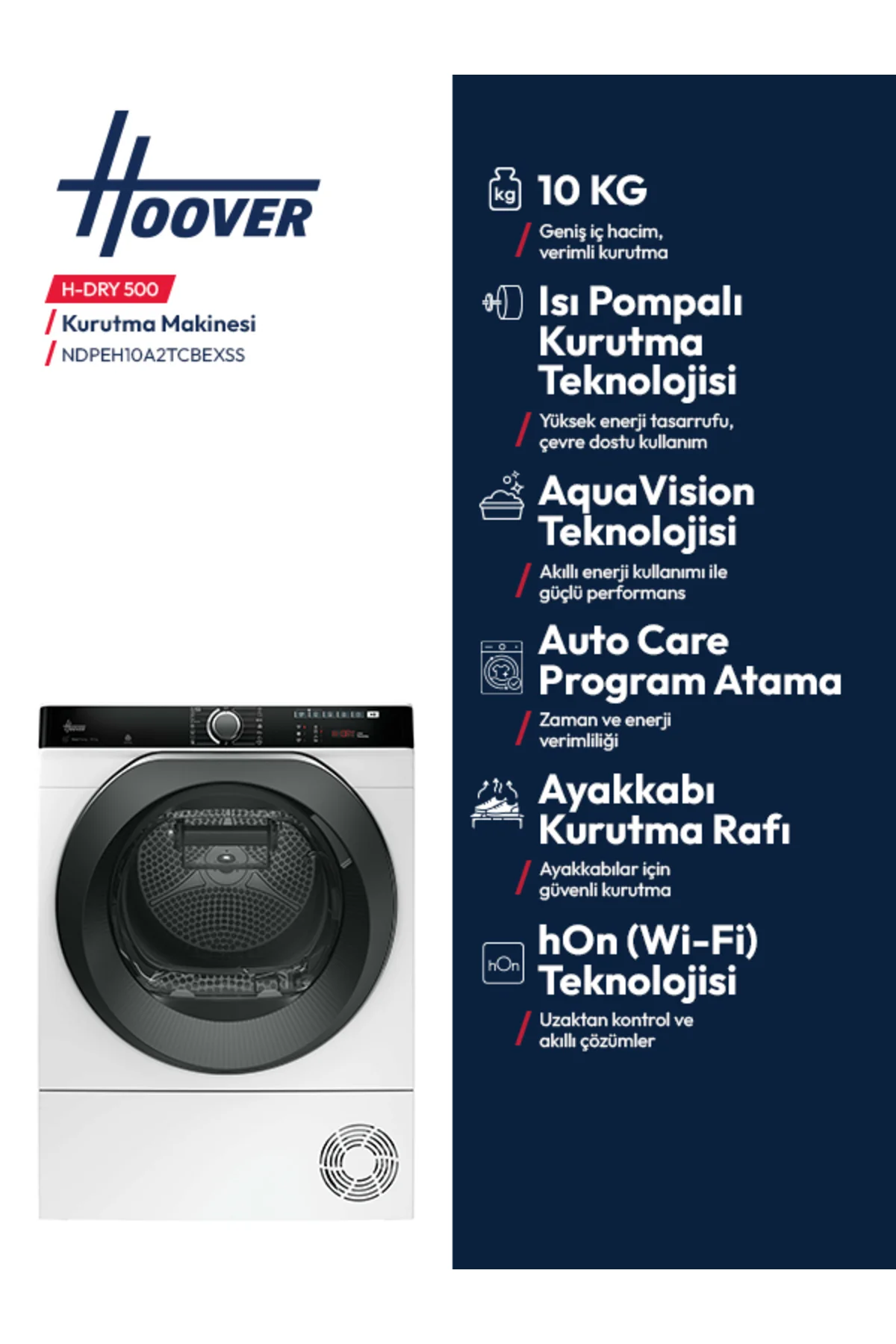 NDPEH10A2TCBEXSS 10 kg Wi-Fi Bağlantılı Isı Pompalı Kurutma Makines - Hoover Görsel 3