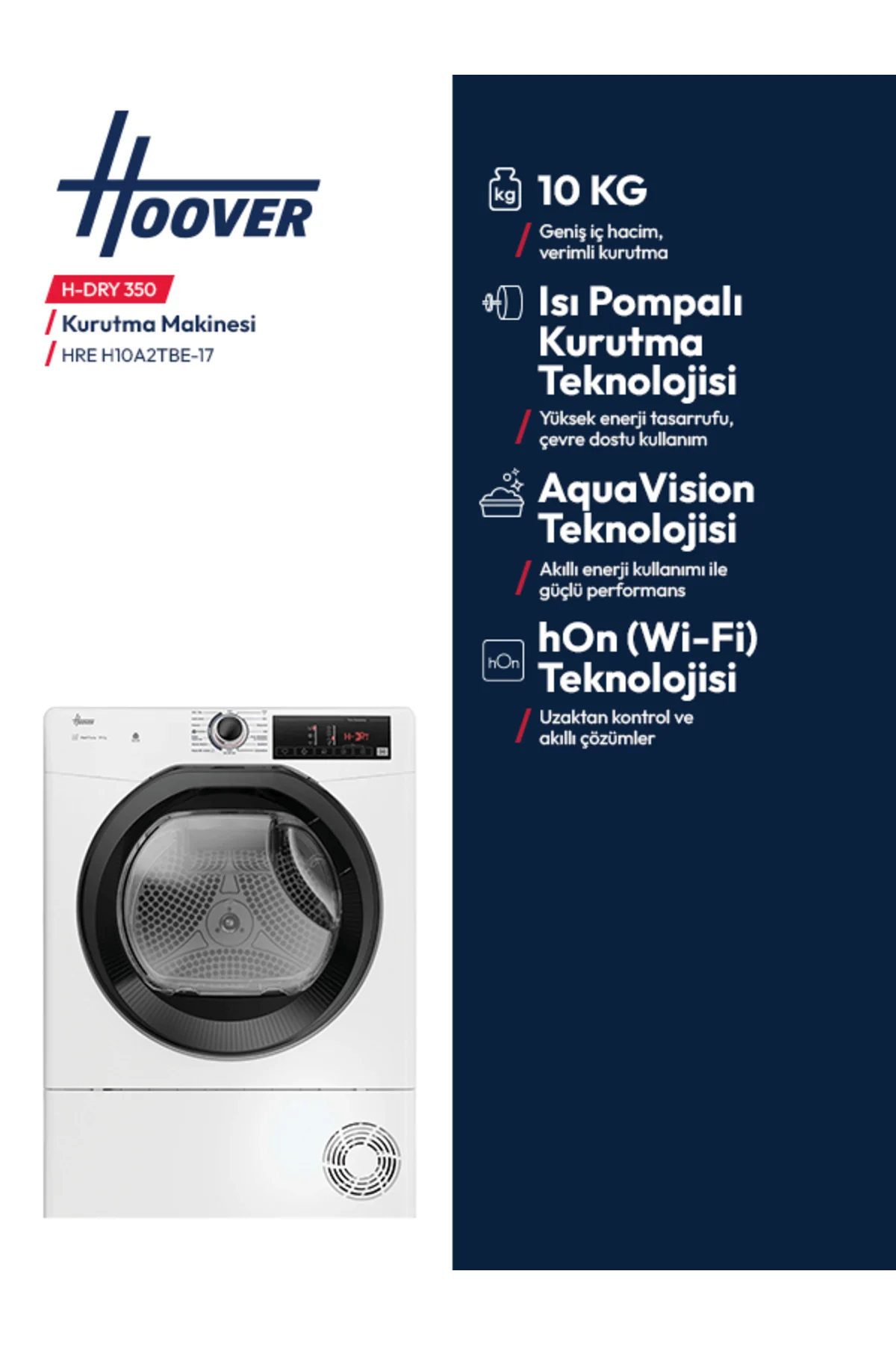 HREH 10A2TBE-17 10 kg Wi-Fi Bağlantılı Isı Pompalı Kurutma Makinesi - Hoover Görsel 5