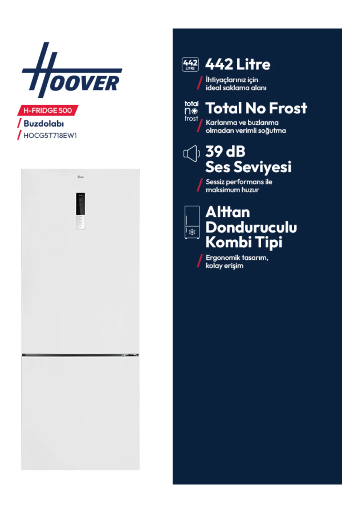 HOCG5T718EW1 E Enerji Sınıfı 442 Lt Kombi Tipi No Frost Buzdolabı - Hoover Görsel 3