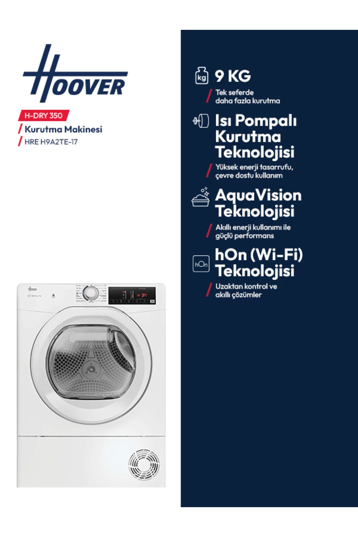 HRE H9A2TE-17 9 kg Wi-Fi Bağlantılı Isı Pompalı Kurutma Makinesi - Hoover Görsel 4