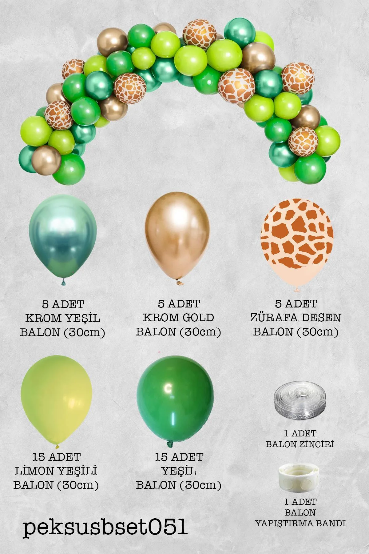 Safari Tema Doğum Günü Balon Zinciri Lüks Krom Yeşil Gold Zürafa Desen Balon 47 Parça - PEKSHOP Görsel 2