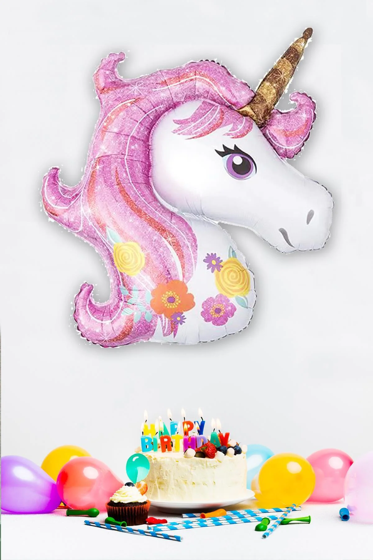 Pembe Unicorn Çiçekli Büyük Folyo Balon 42inç Doğum Günü Balonu - PEKSHOP Görsel 4