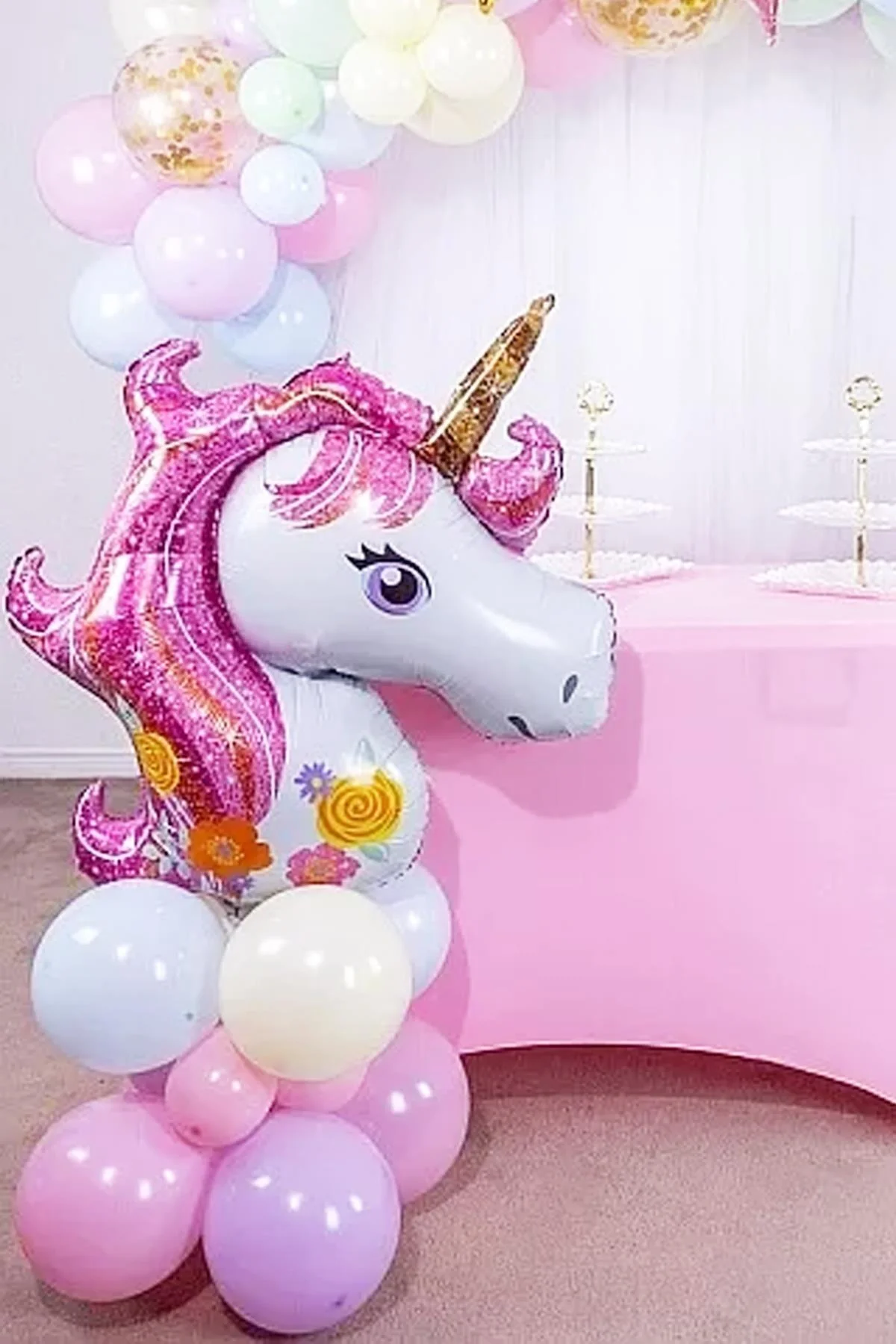 Pembe Unicorn Çiçekli Büyük Folyo Balon 42inç Doğum Günü Balonu - PEKSHOP Görsel 3