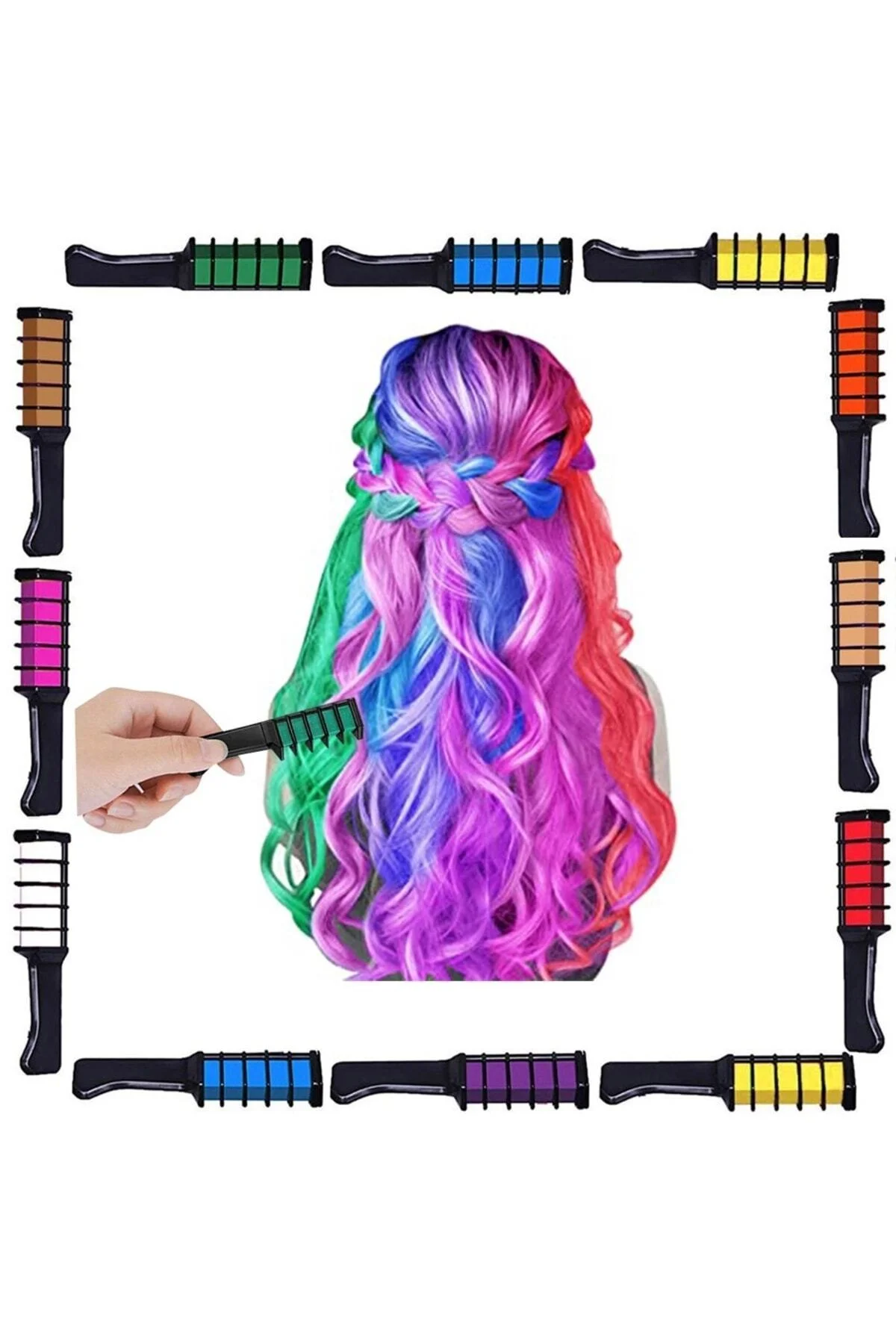 Rengarenk Saç Boyama Tebeşiri - Mini Taraklı Konsept Saç Boyama Seti Hair Chalk Turuncu - pazariz Görsel 6