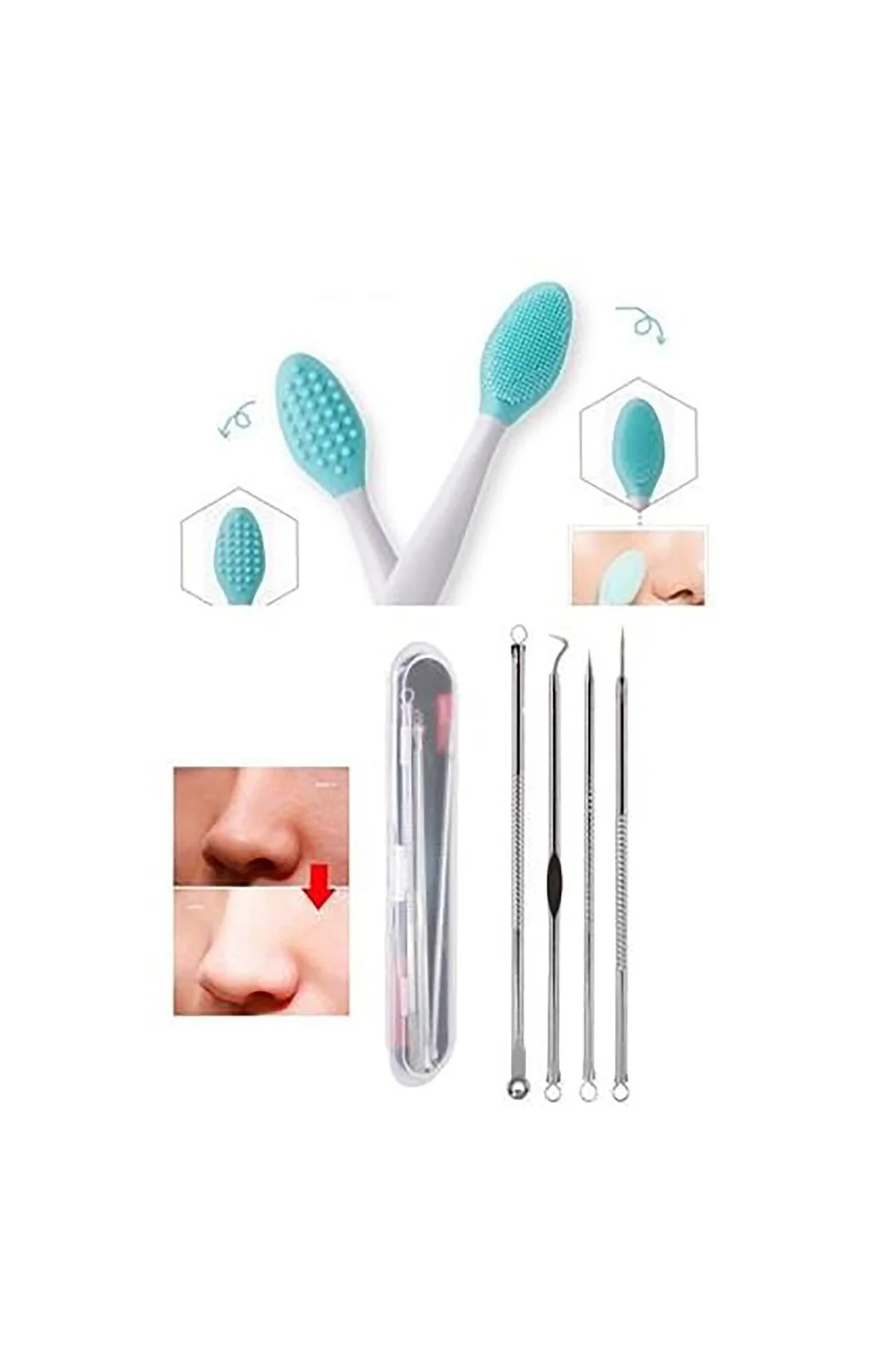 4 Parça Kutulu Paslanmaz Çelik Komedon + Siyah Nokta Temizleyici Dudak Peeling Fırçası 2'li Set