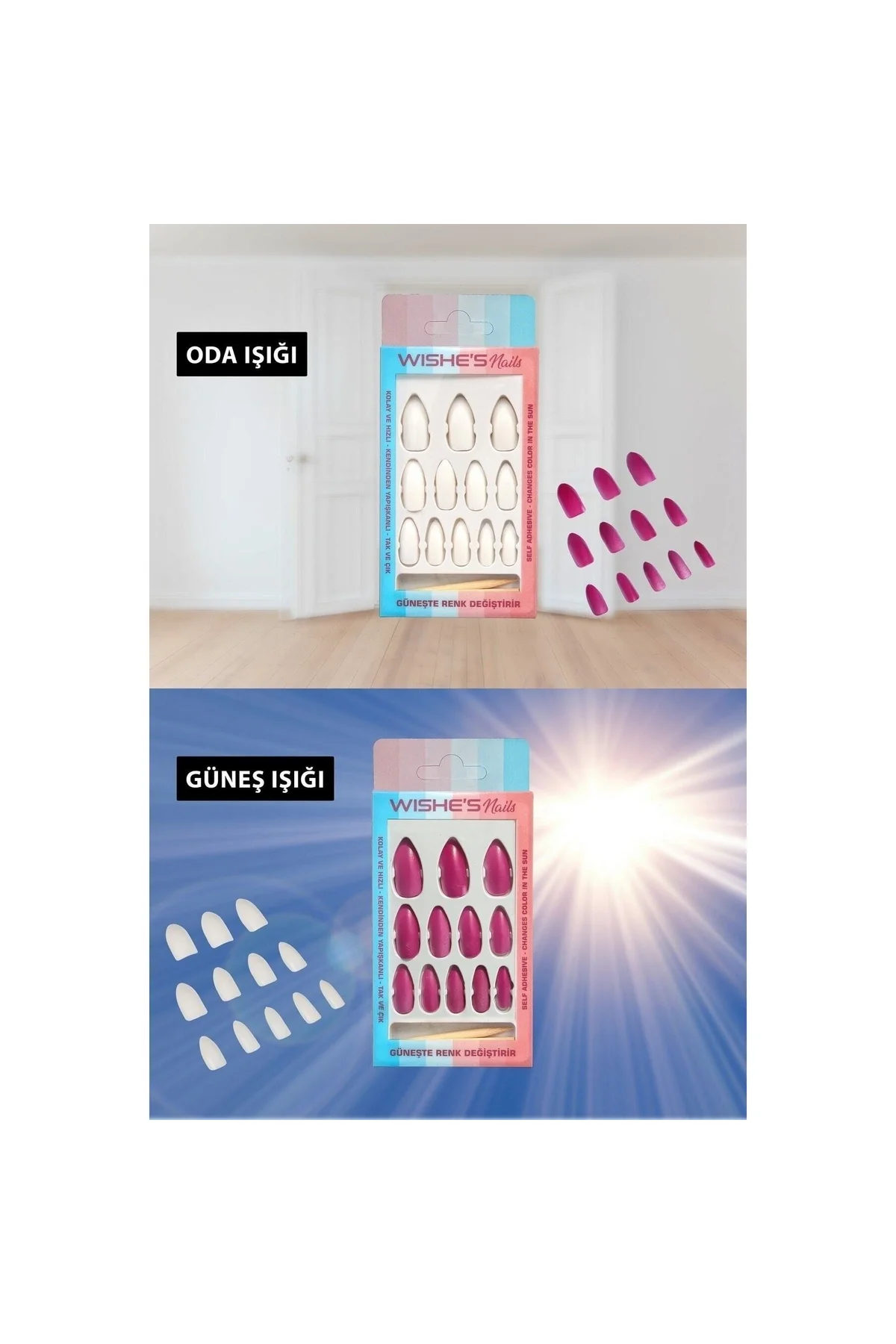 Işıkda Renk Değiştiren Sihirli Takma Tırnak 12 Adet Pembe Itici+yapıştırıcı+törpü Set