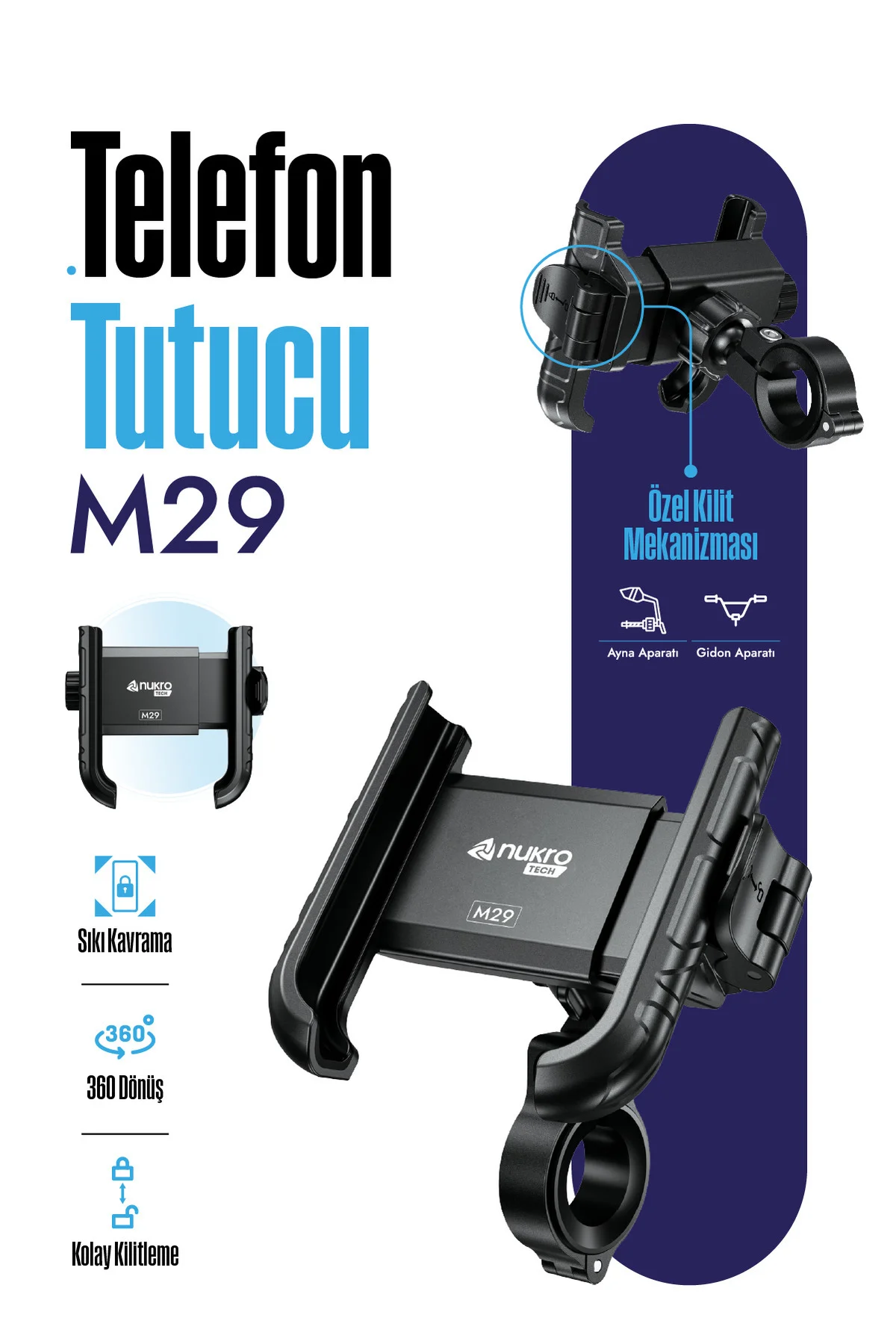 M29 KLİPSLİ MOTOSİKLET TELEFON TUTUCU KOLAY KULLANIM