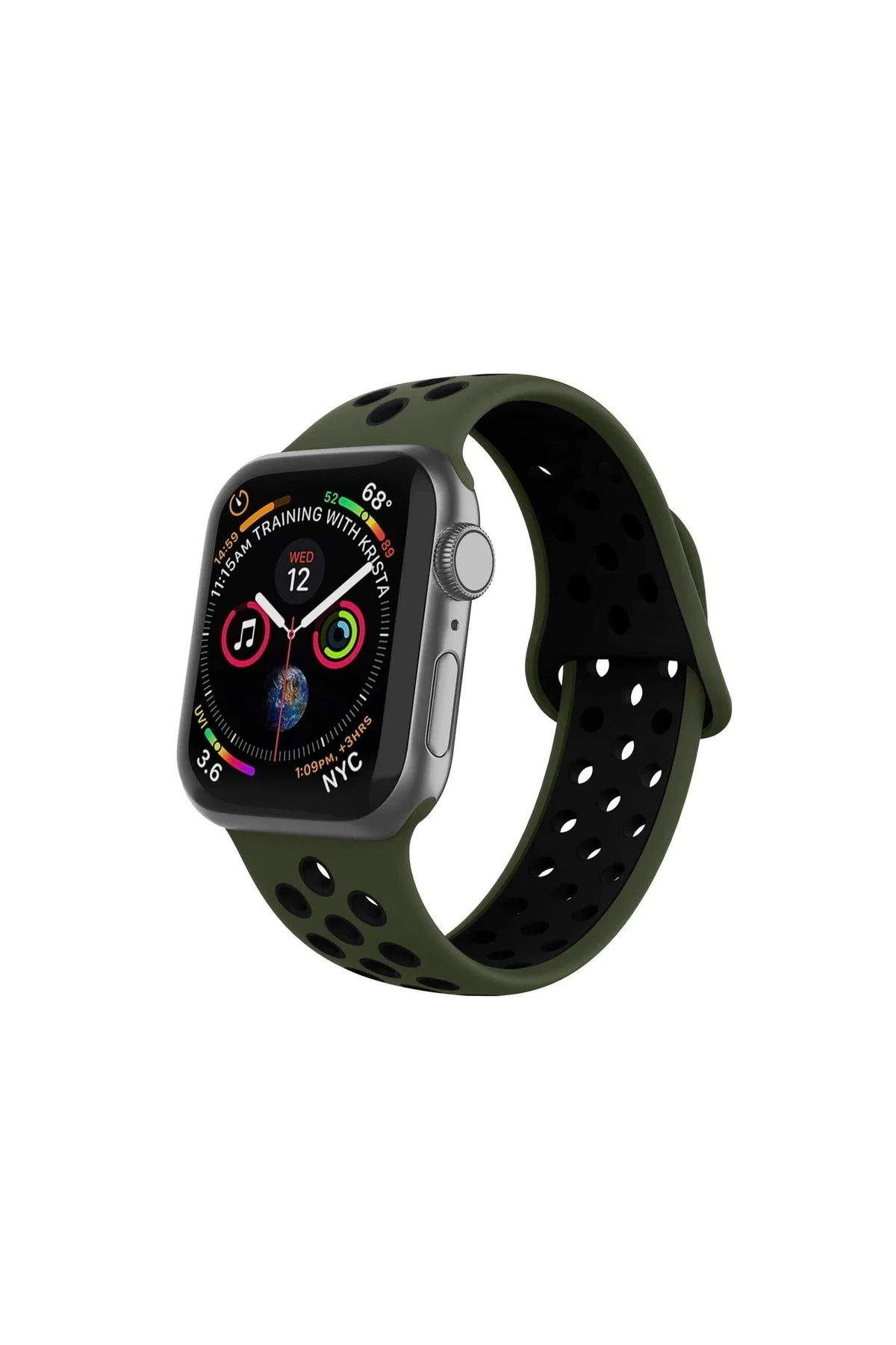 Apple Watch Uyumlu Silikon Delikli Kordon1 2 3 4 5 - 42mm/44mm Koyu Yeşil Siyah