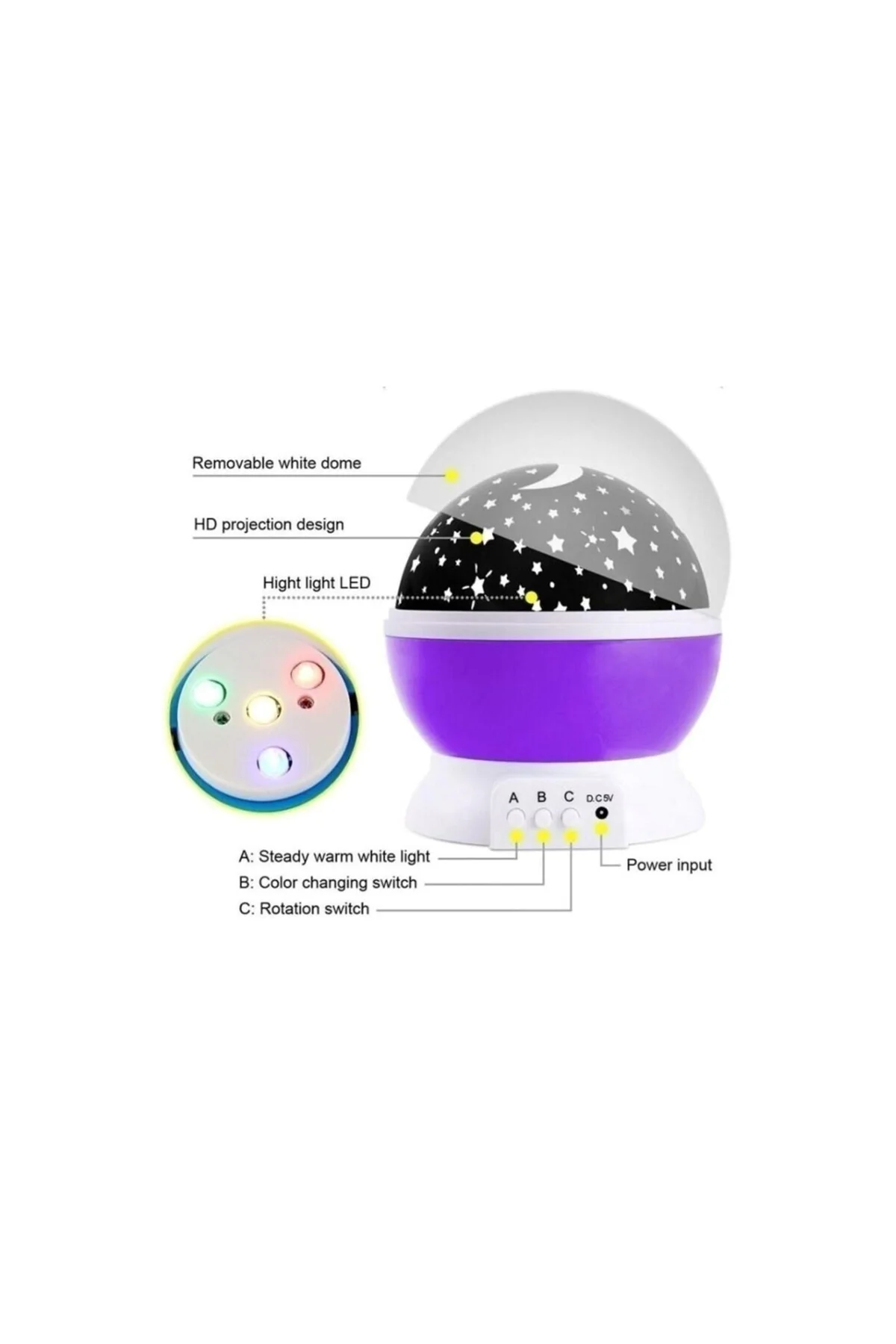 Dönen Gece Lambası Dönen Yıldızlı Gökyüzü Projeksiyon Gece Lambası Mor - PAZARIZ Görsel 3
