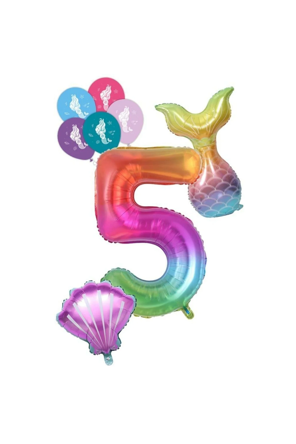 Rakam Gökkuşağı Deniz Kızı Folyo Balon Doğumgünü Seti 5 Yaş