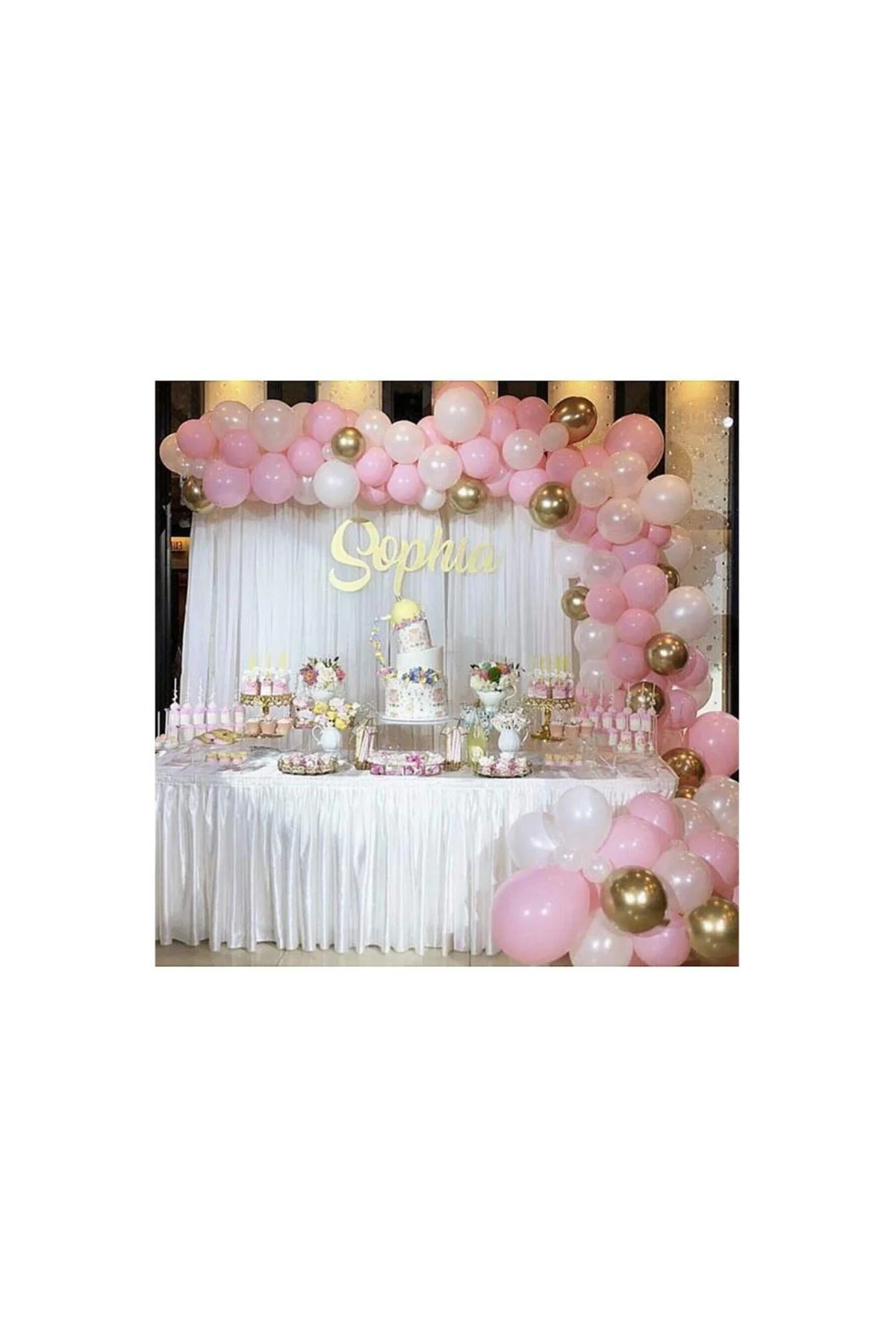 100 Adet Metalik Balon Ve Balon Zinciri ( Altın, Beyaz, Pembe Karışık) Konsept Balon Seti