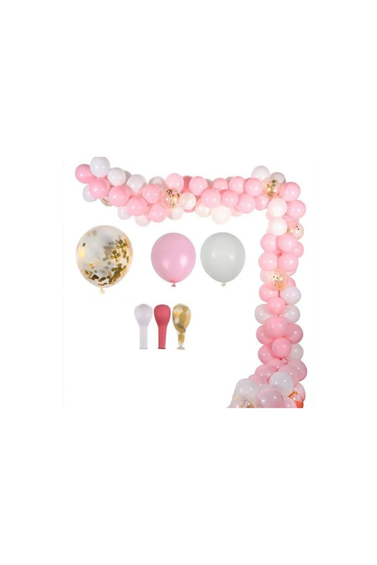 Pembe Beyaz Zincir Gold Balon Konfetili Balon Seti 10 Metre-doğum Günü Balon Seti