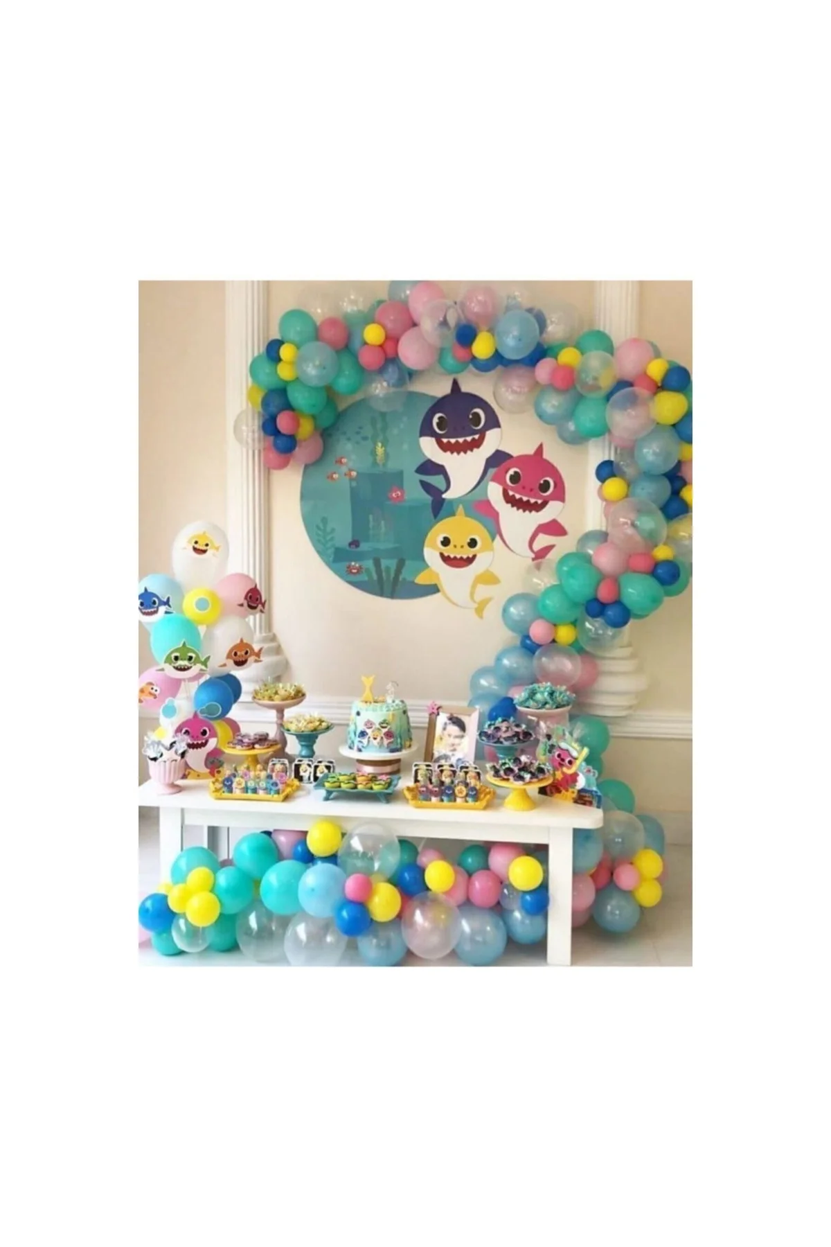 100 Adet Metalik Balon Ve Balon Zinciri (k.mavi, Mint Yeşili, Şeffaf, Sarı Pembe) Baby Shark Konsept