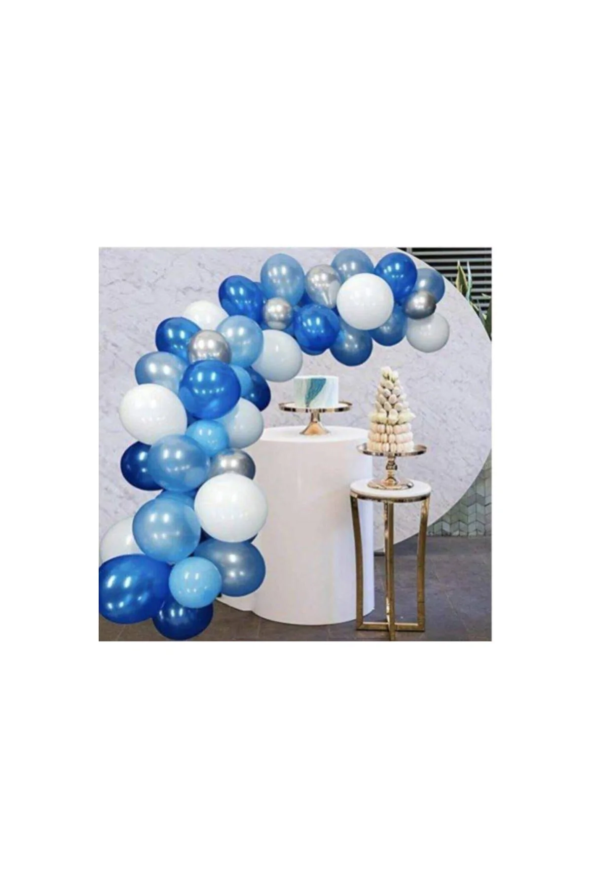 100 Adet Beyaz Mavi Gri Lacivert Metalik Balon Ve Balon Zinciri