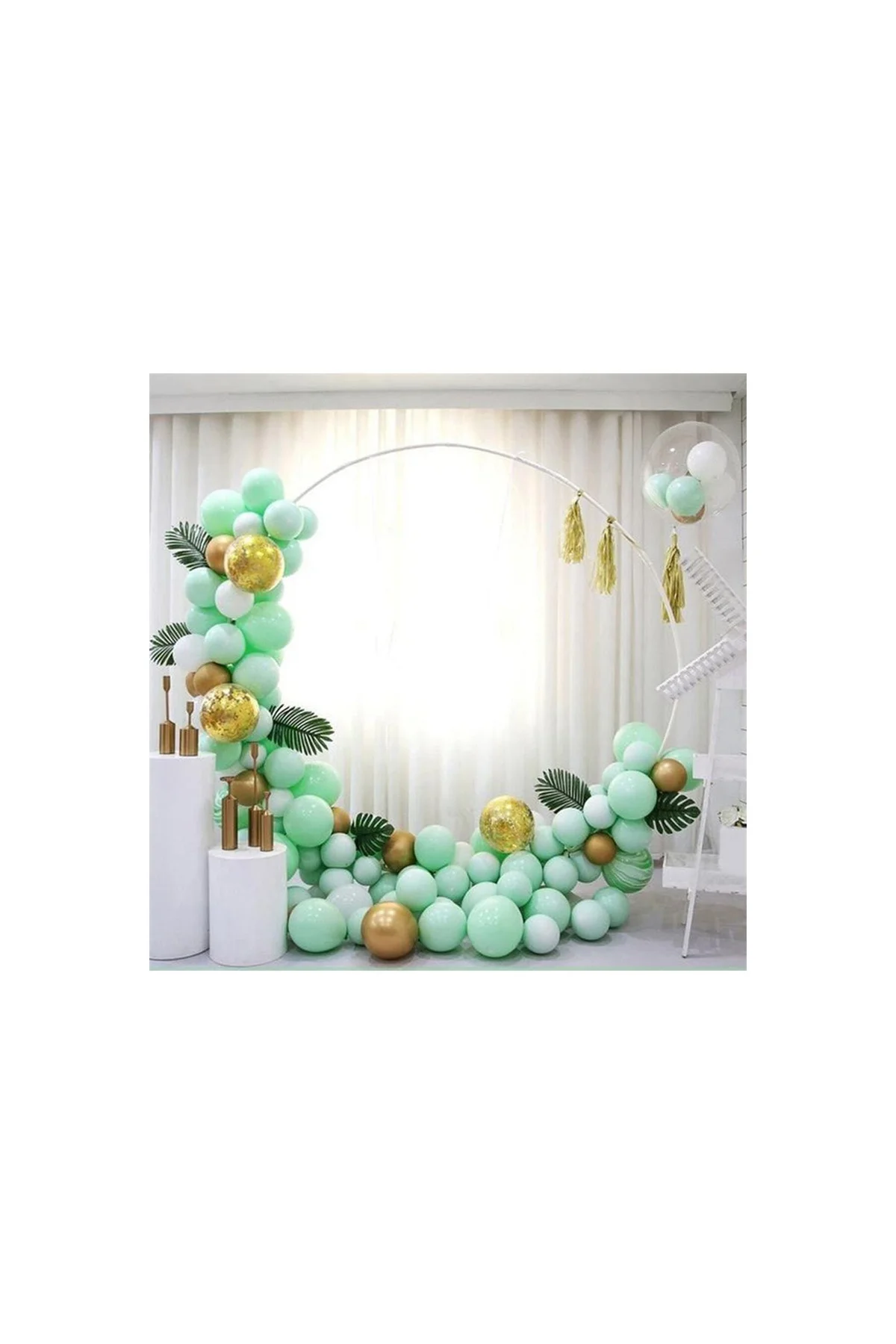 Mint Yeşili Makaron Gold Krom Konfetili Balon Zincir Seti