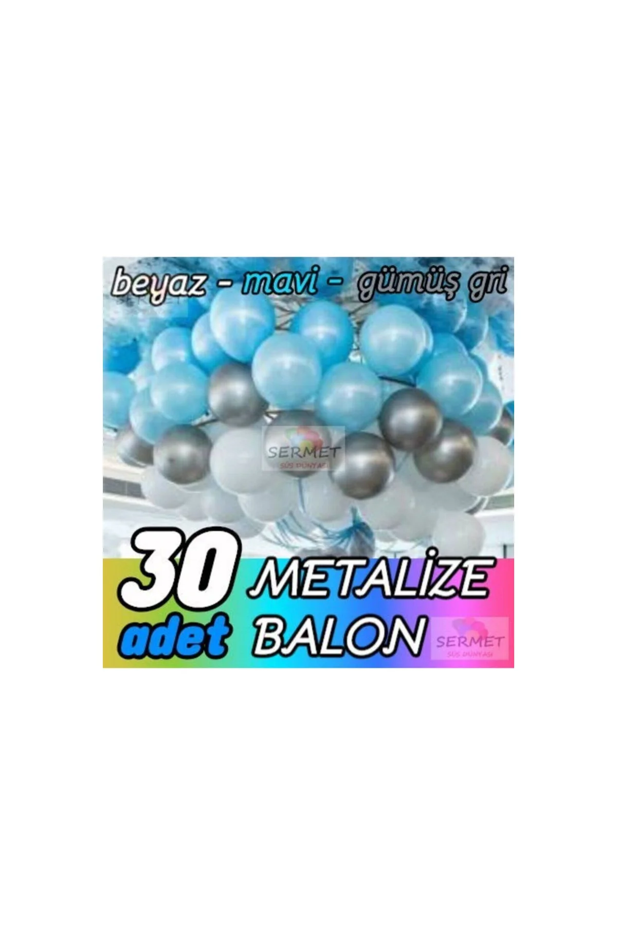 30 Adet Metalik Balon (mavi+beyaz+gri) Helyum Uyumlu Parlak Balon Metalize Balon