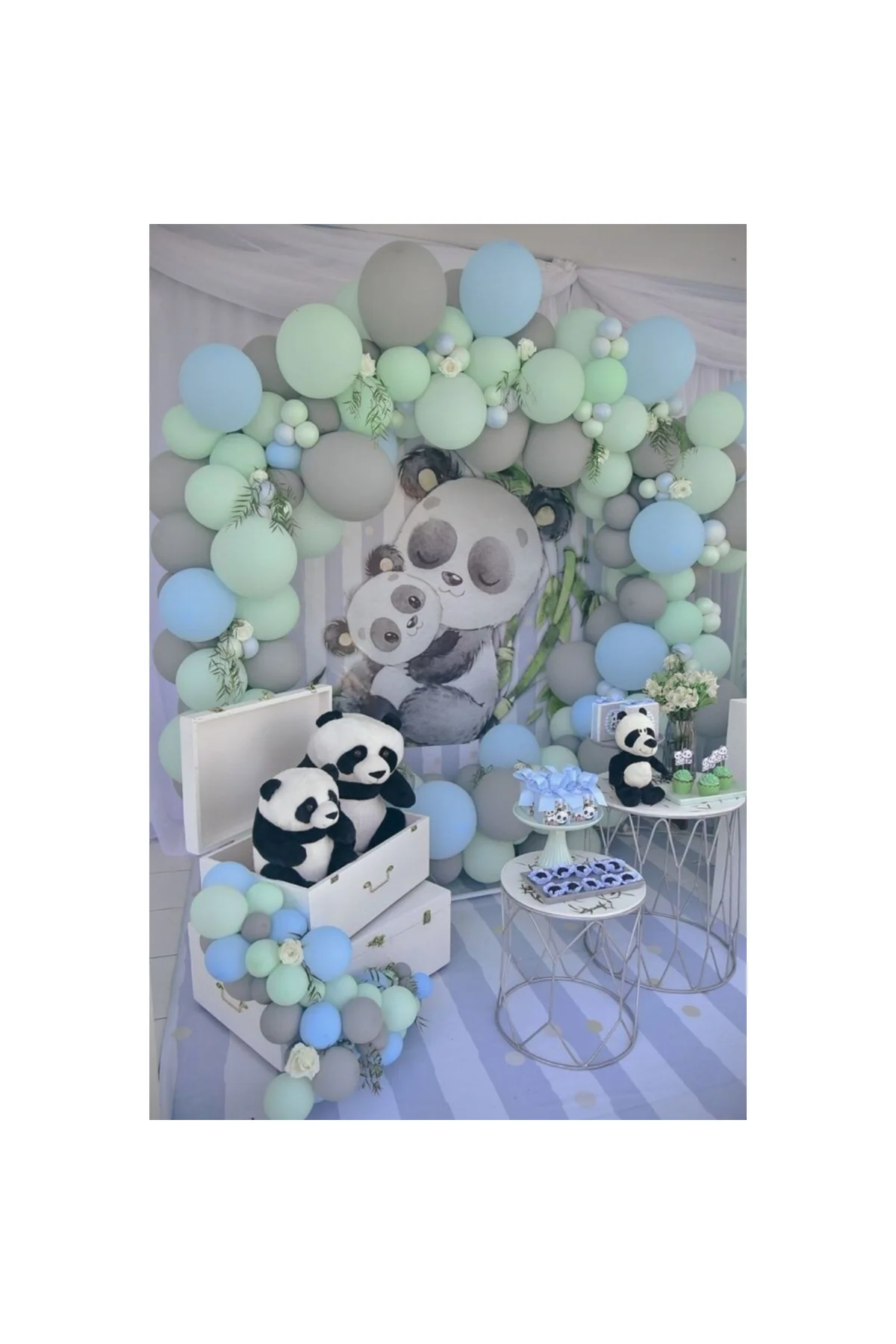 50 Adet Makaron Yeşil Mavi Gri Balon Panda Konsept Doğum Günü