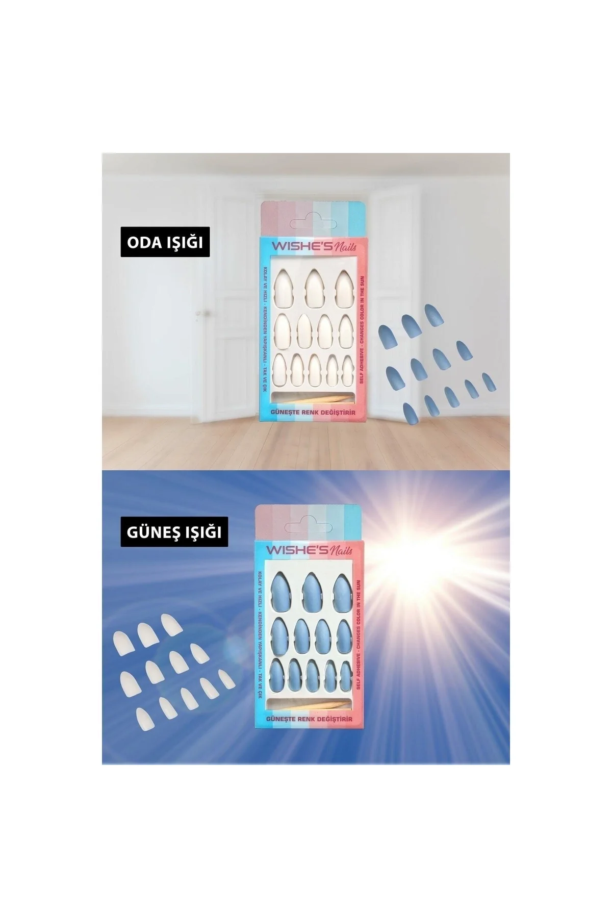 Işıkda Renk Değiştiren Sihirli Takma Tırnak 12 Adet Mavi Itici+yapıştırıcı+törpü Set