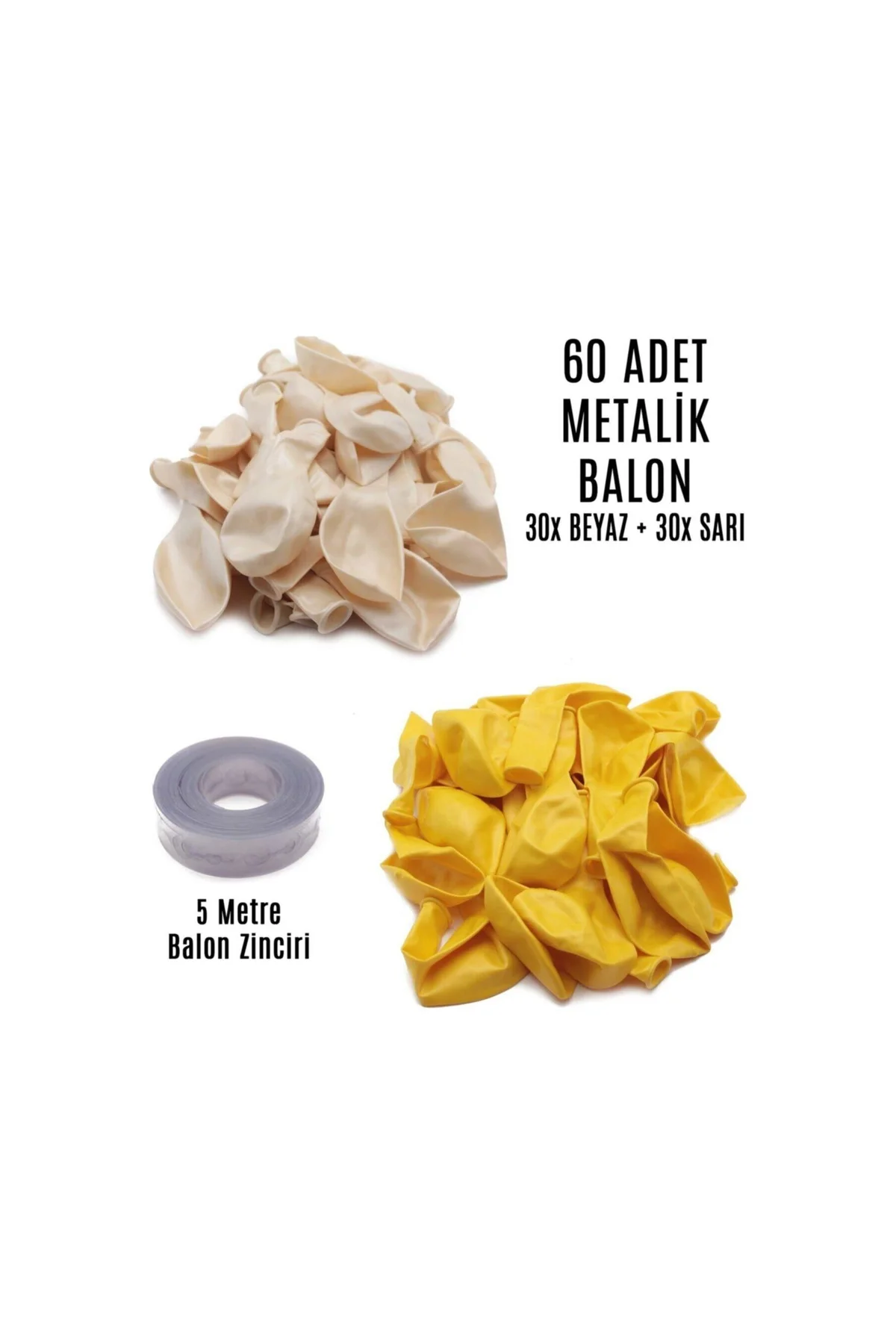 60 Adet Beyaz Ve Sarı Karışık Metalik Balon + 5 Metre Balon Zinciri