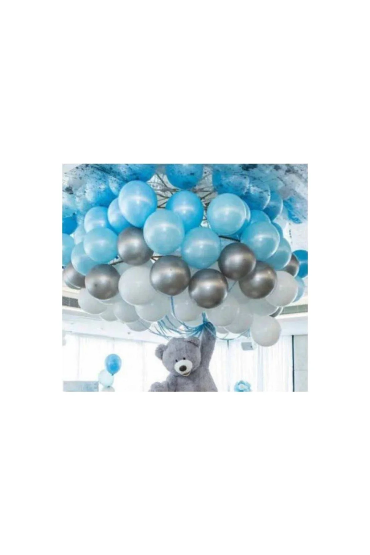 50 Ad A.mavi-beyaz-gümüş Metalik Balon, 5 Mt Balon Zinciri , Parti Balon Seti