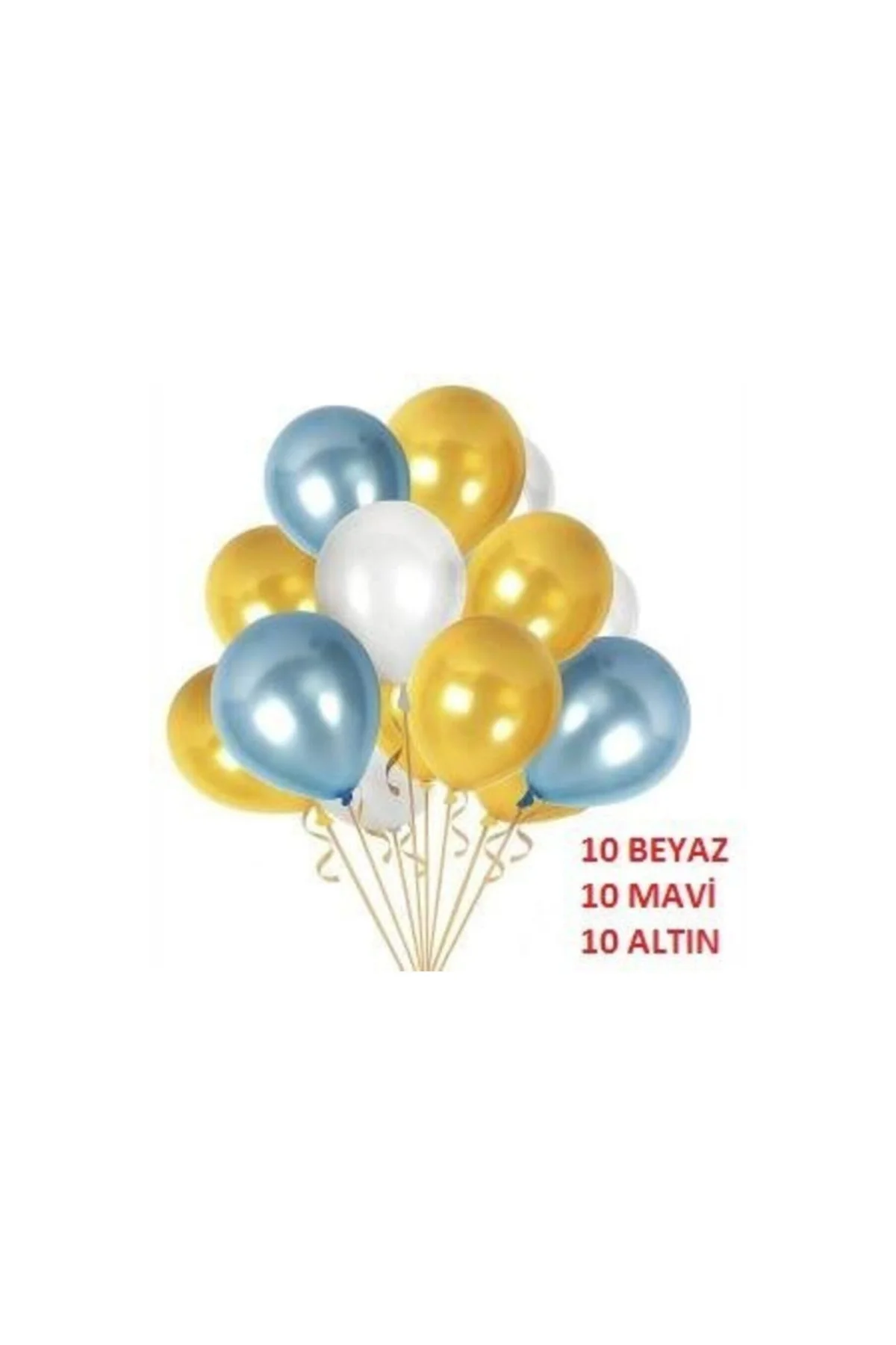 30 Adet Metalik Sedefli Kaliteli Balon - 10 Mavi 10 Beyaz 10 Gold