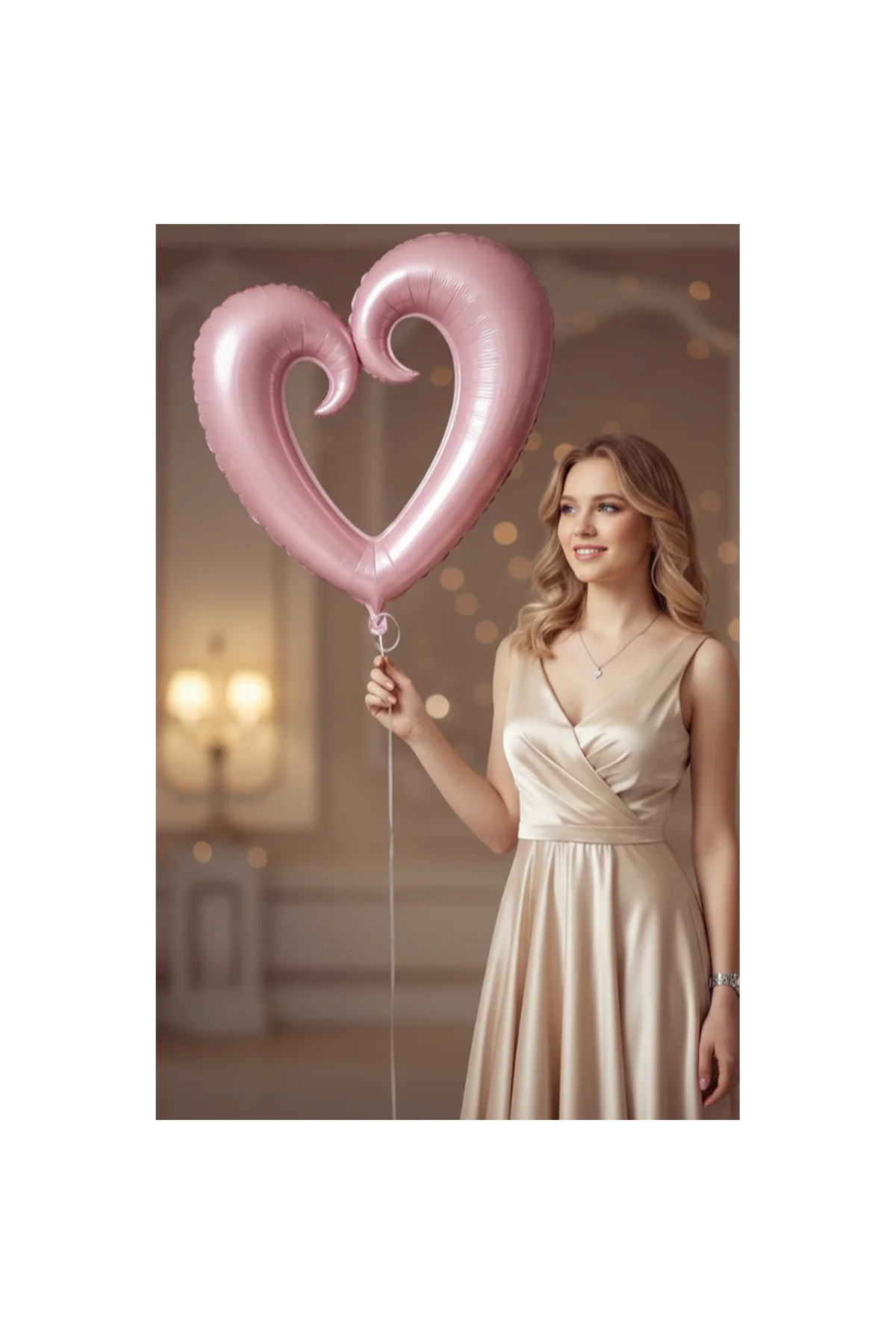 Toz Pembe İçi Boş Kalp Şeklinde Folyo Balon, Kalpli Helyumla Uçan
