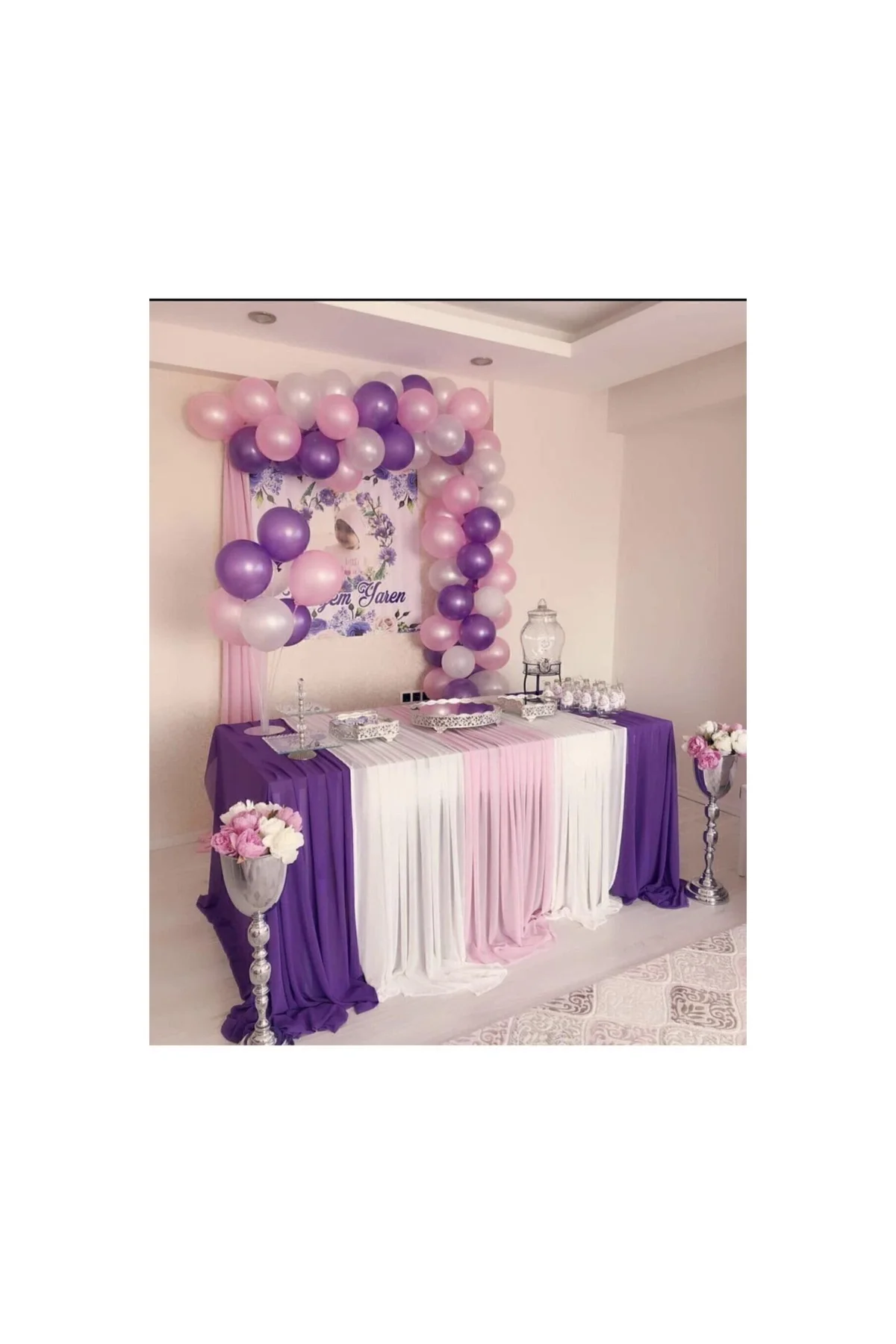 50 Adet Metalik Mor Ve Pembe Pastel Beyaz Balon +5 Mt Balon Zinciri