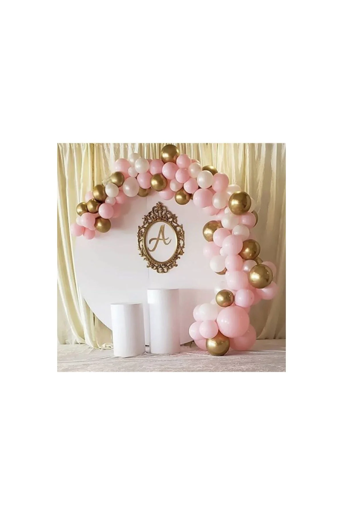 50 Adet 12 Inç Metalik Parti Balonu Pembe -Beyaz - Gold + 5 mt Balon Zinciri