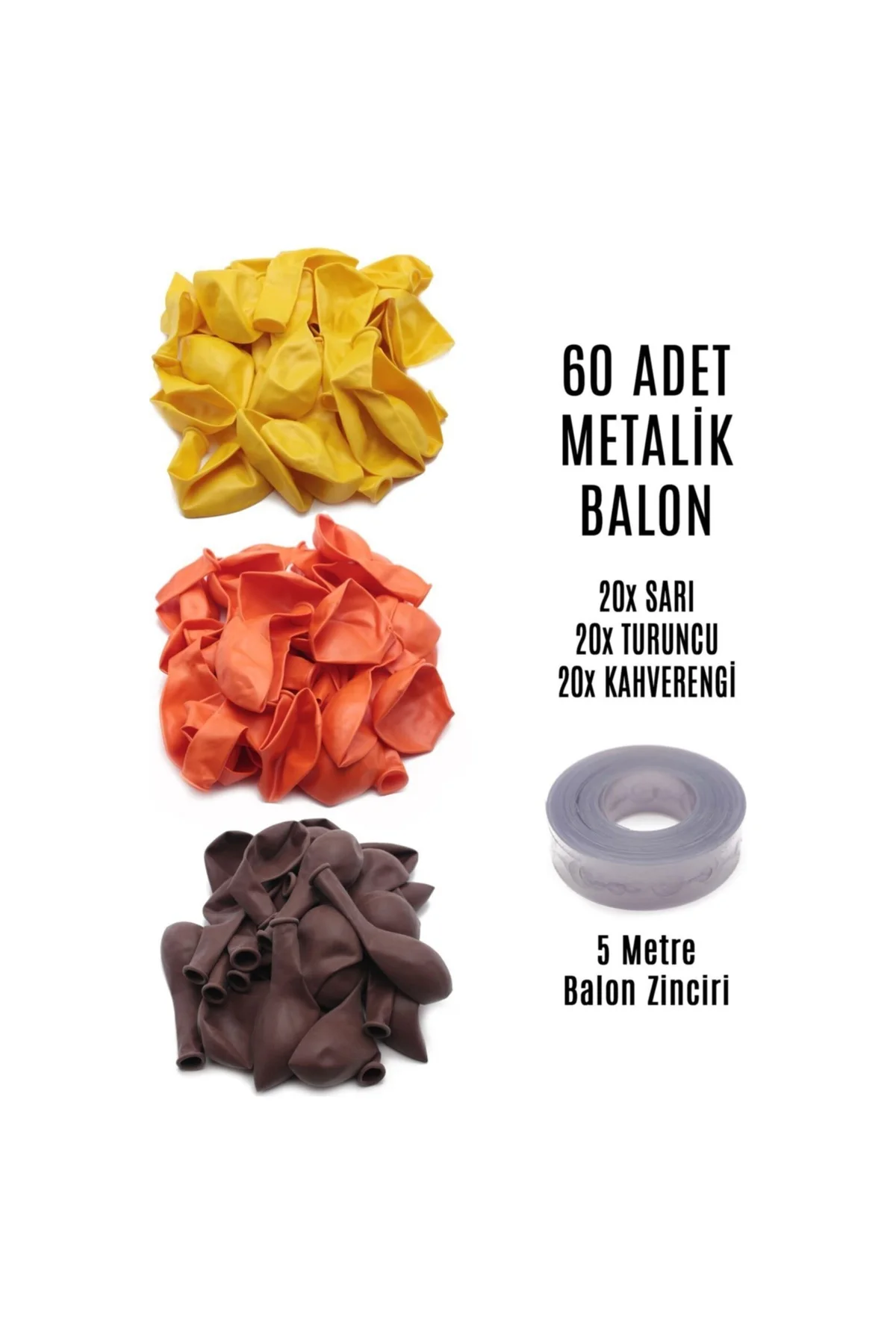 60 Adet Sarı - Turuncu - Kahverengi Karışık Metalik Balon + 5 Metre Balon Zinciri