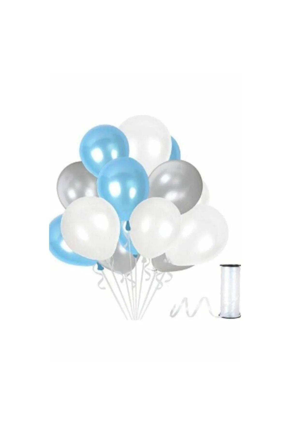 50 Adet Gümüş - Beyaz- Mavi Metalik Balon 3'lü Renk - 12 Inç