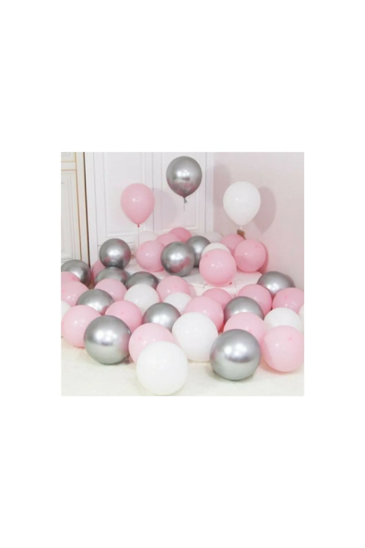 30 Adet Metalik Gümüş-pembe-beyaz Balon, Helyumla Uçan Balon