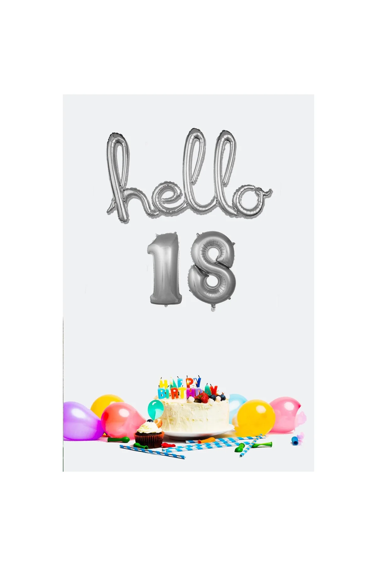 18 Yaş Doğum Günü Balonları - Hello 18 El Yazısı Gümüş Renk Folyo Balon