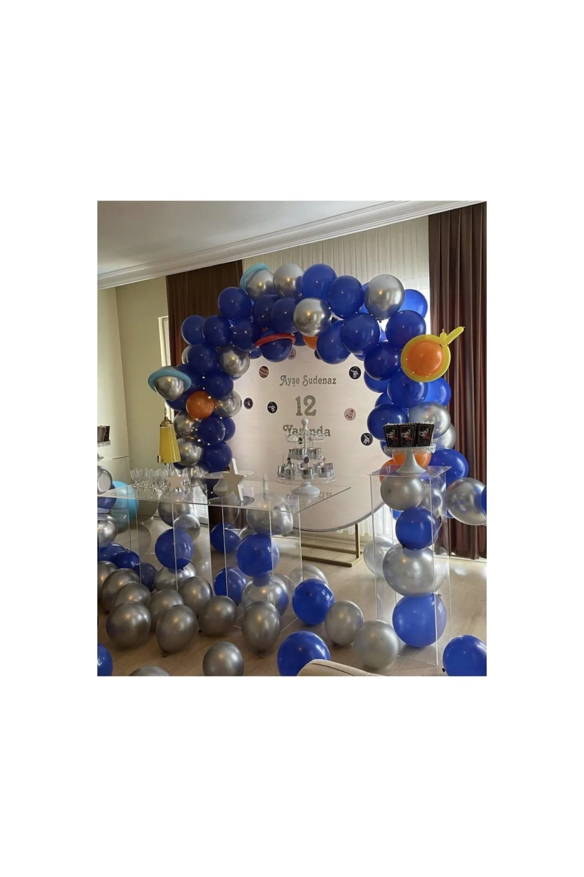 Pazariz 50 Adet Metalik Mavi Ve Gümüş Balon 5 Mt Balon Zinciri