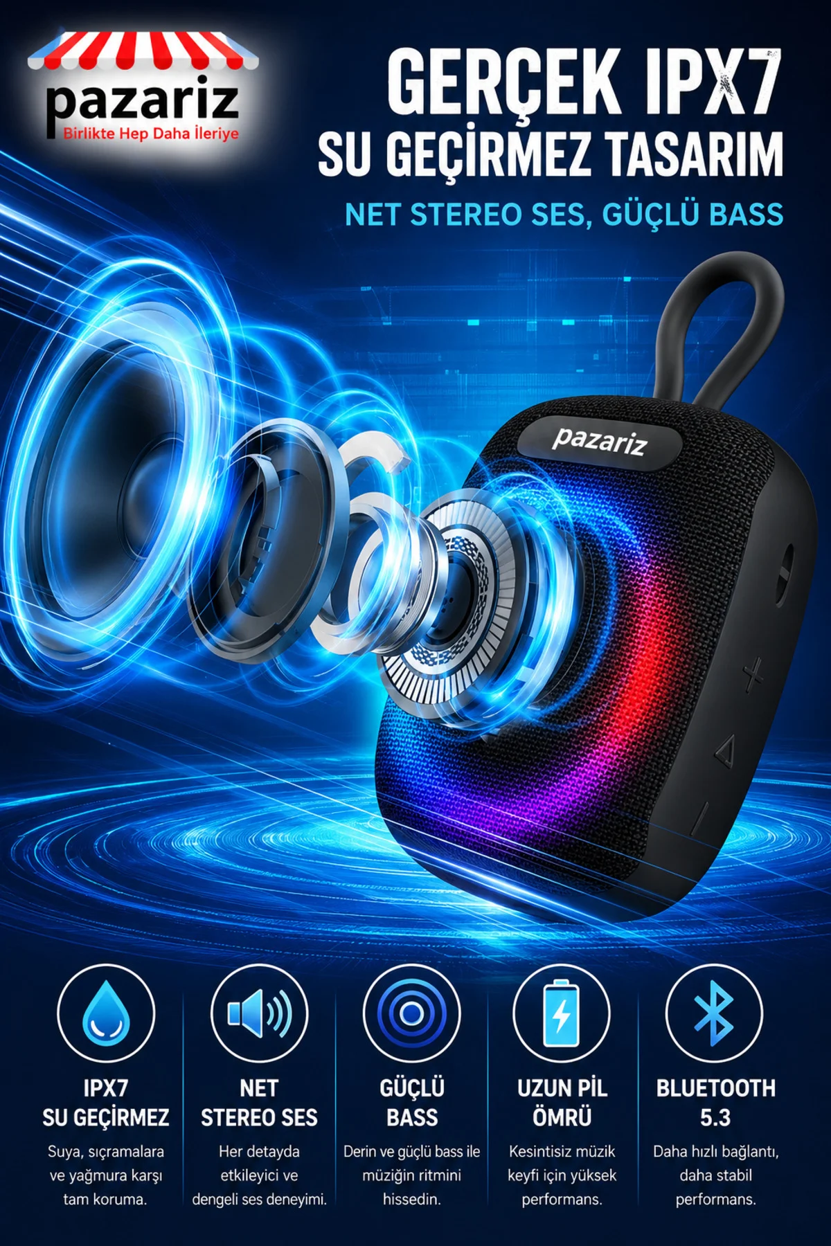 Wıreless Bluetooth Portable Speaker Bs-296 8w Rgb Kablosuz Hoparlör Scooter Ve Bisiklet Uyumlu Bluet - pazariz Görsel 6