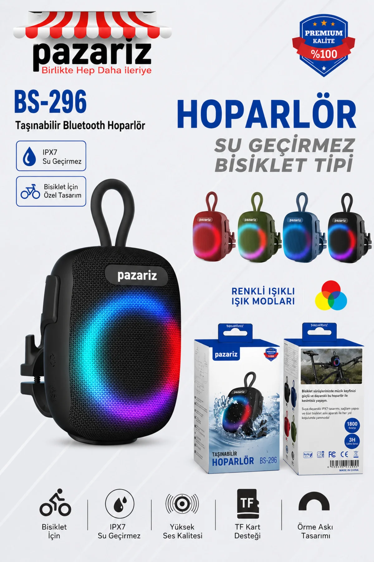 Wıreless Bluetooth Portable Speaker Bs-296 8w Rgb Kablosuz Hoparlör Scooter Ve Bisiklet Uyumlu Bluet - pazariz Görsel 3