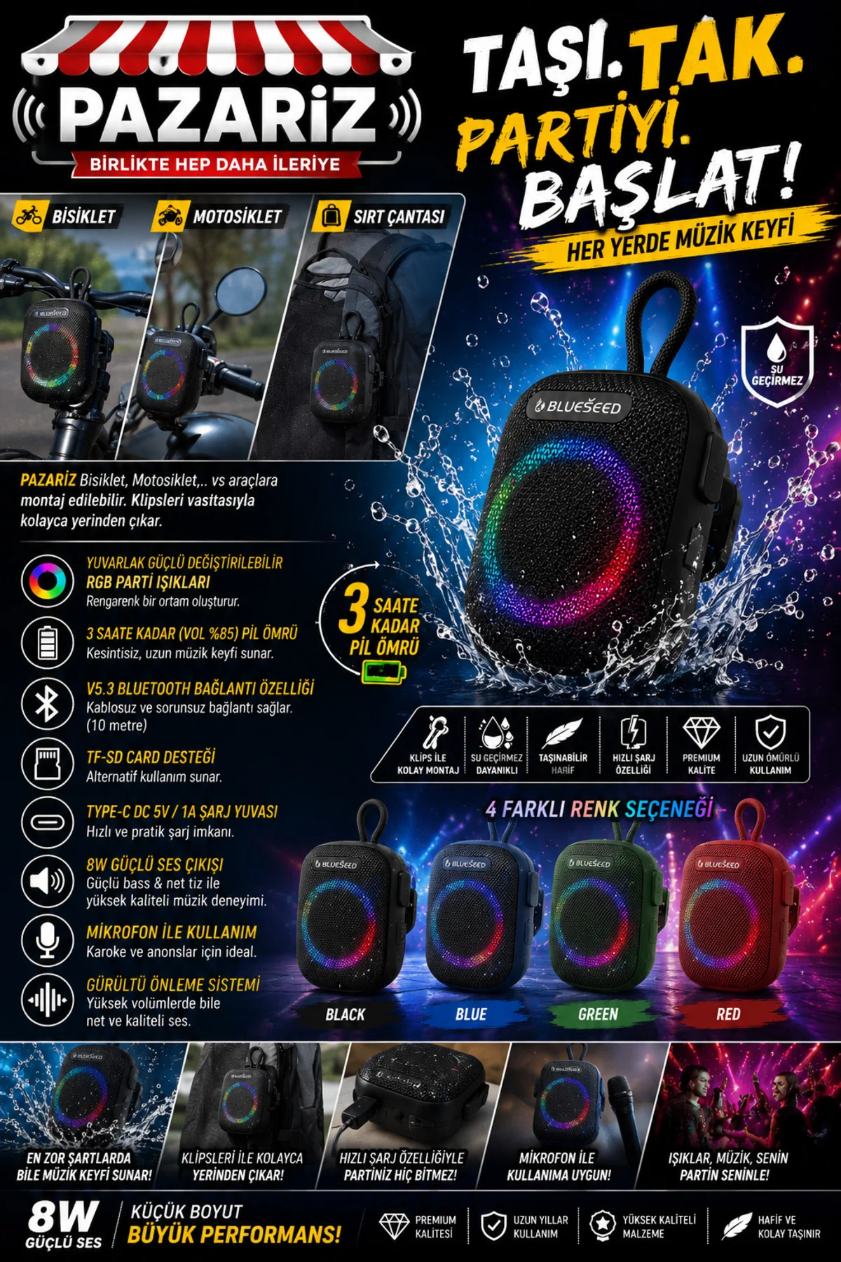 Wıreless Bluetooth Portable Speaker Bs-296 8w Rgb Kablosuz Hoparlör Scooter Ve Bisiklet Uyumlu Bluet