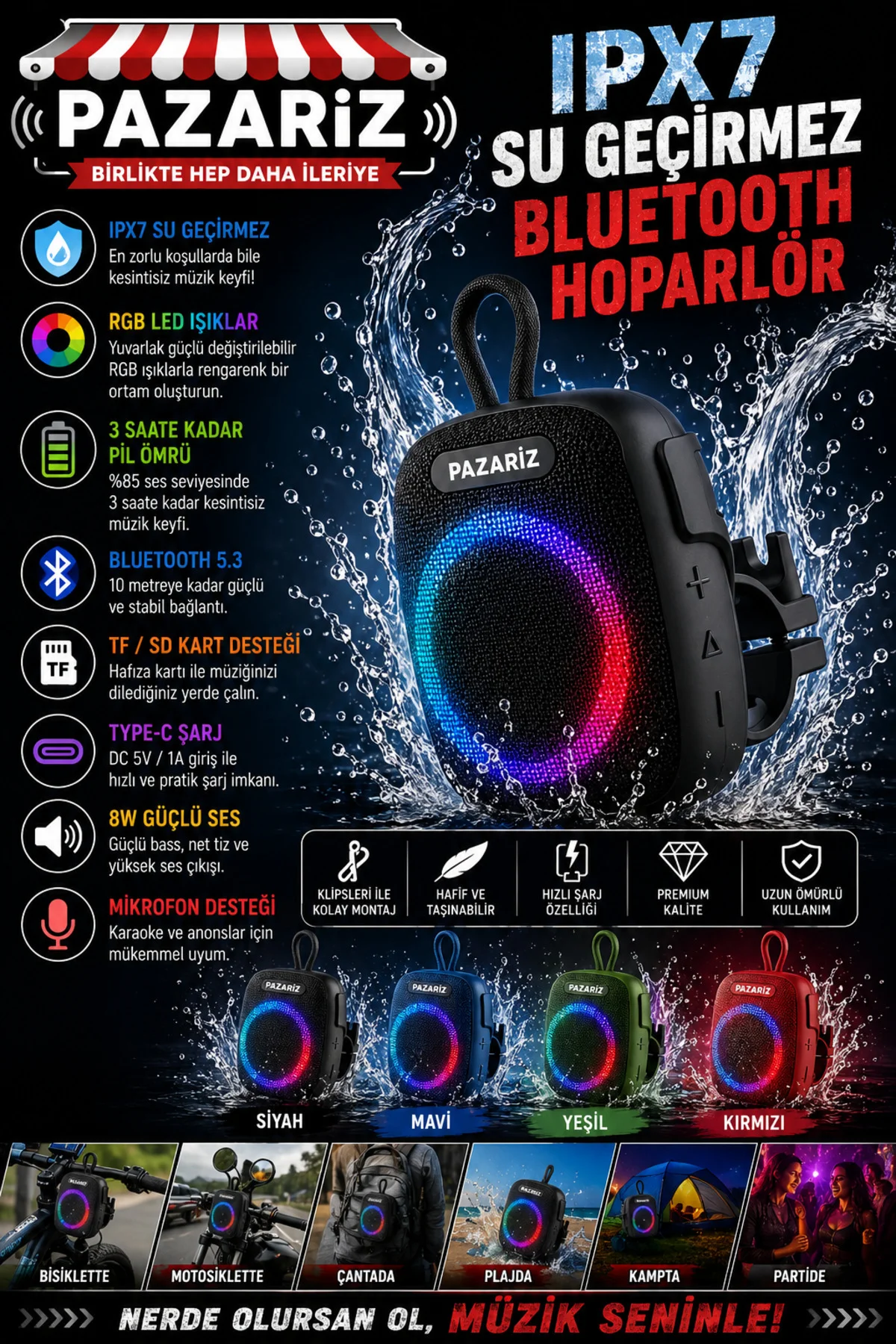 Wıreless Bluetooth Portable Speaker Bs-296 8w Rgb Kablosuz Hoparlör Scooter Ve Bisiklet Uyumlu Bluet - pazariz Görsel 2