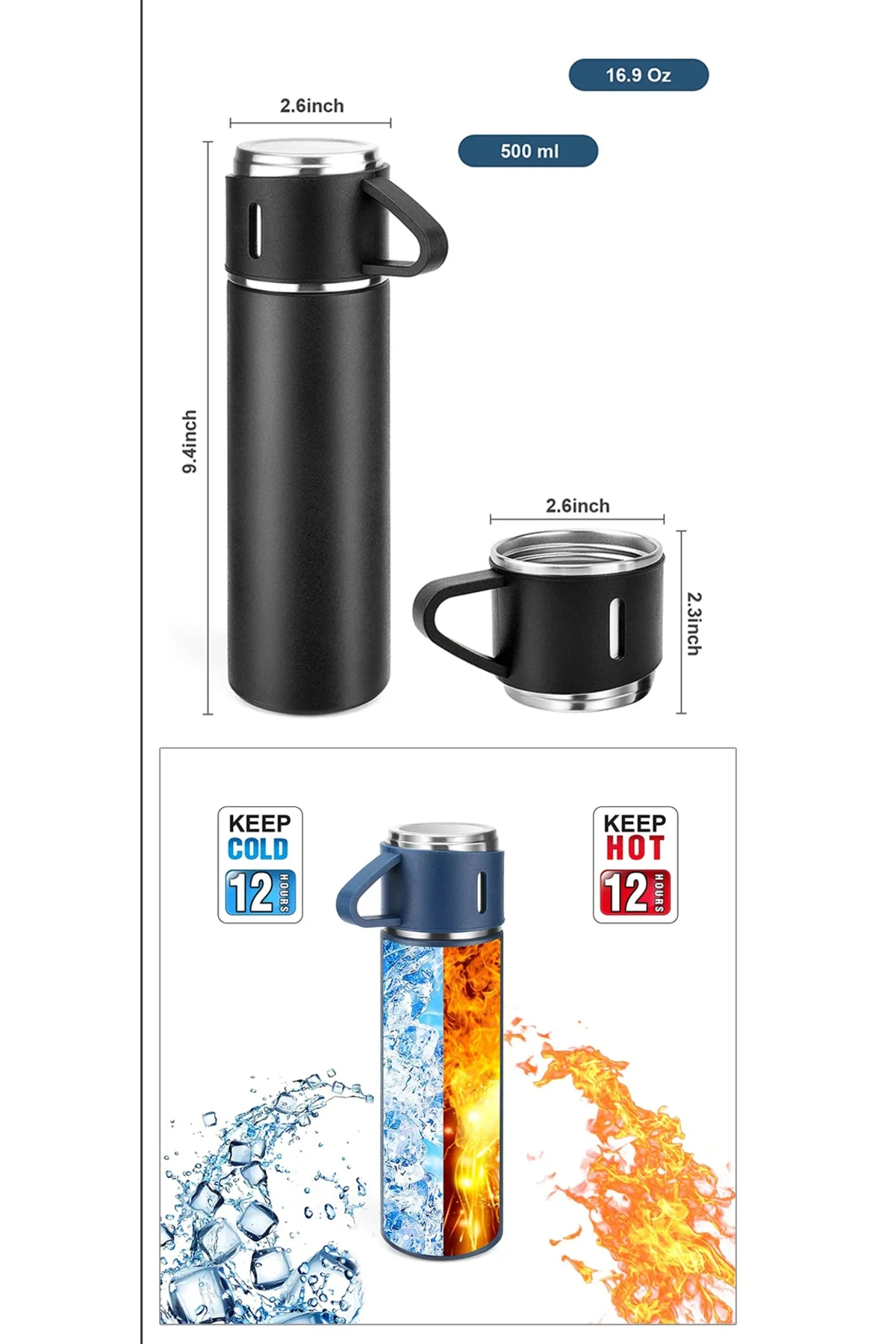 Paslanmaz Çelik 3 Bardaklı Vakumlu Termos Set 500 Ml, 12 Saate Kadar Isı Koruma Termos Siyah - pazariz Görsel 8