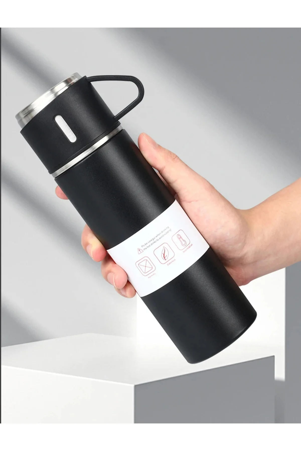 Paslanmaz Çelik 3 Bardaklı Vakumlu Termos Set 500 Ml, 12 Saate Kadar Isı Koruma Termos Siyah - pazariz Görsel 7