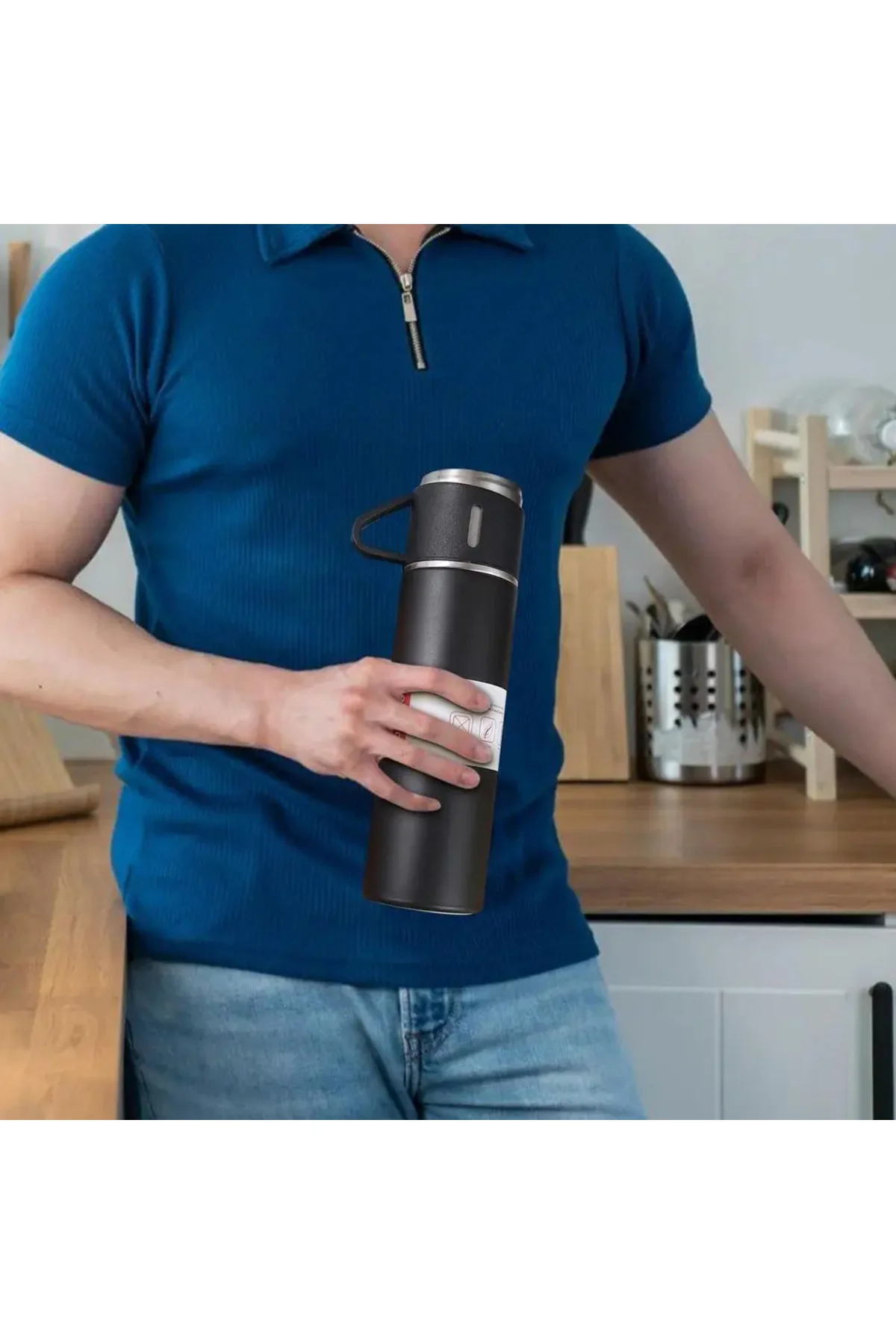 Paslanmaz Çelik 3 Bardaklı Vakumlu Termos Set 500 Ml, 12 Saate Kadar Isı Koruma Termos Siyah - pazariz Görsel 4