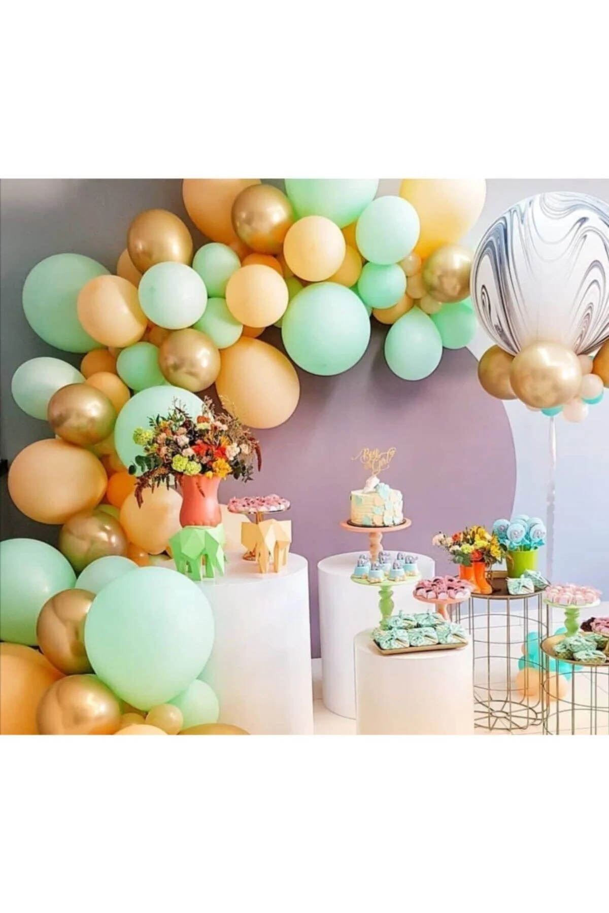 Fırsat Ayı Mint Yeşili Somon Gold Renk Balon Zincir Set