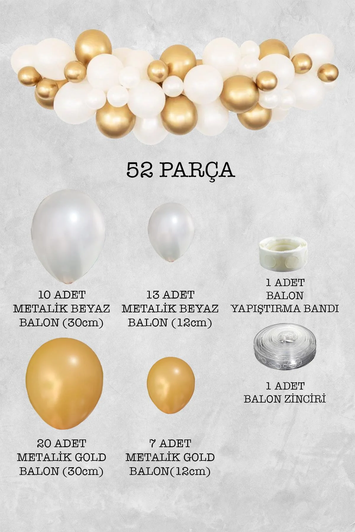 İnci Tanesi Konsept Gold Beyaz Balon Zinciri 52 Parça - PEKSHOP Görsel 2
