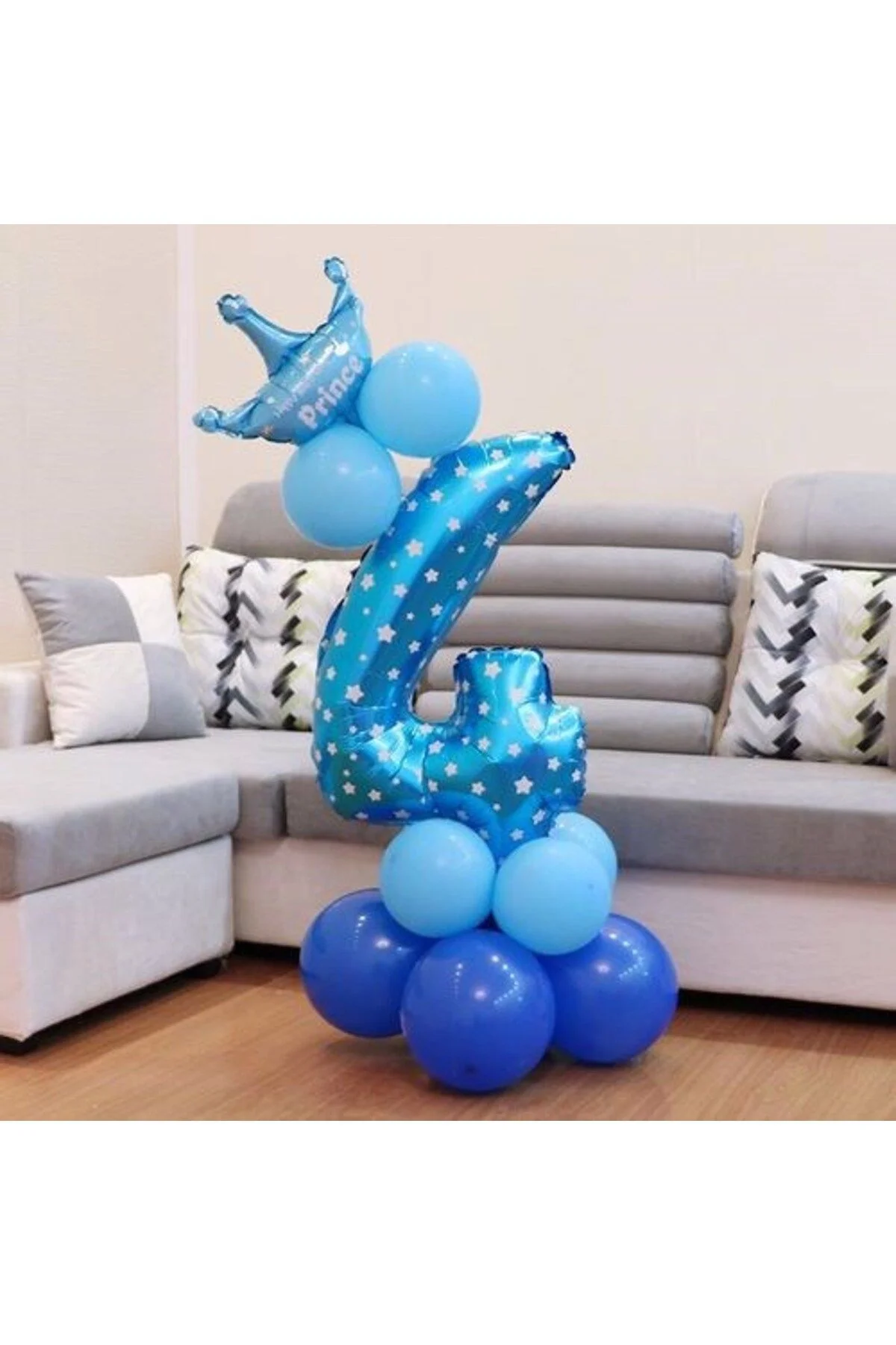 4 Rakam Mavi Yıldızlı Folyo Balon 100 Cm - Partioutlet Görsel 2