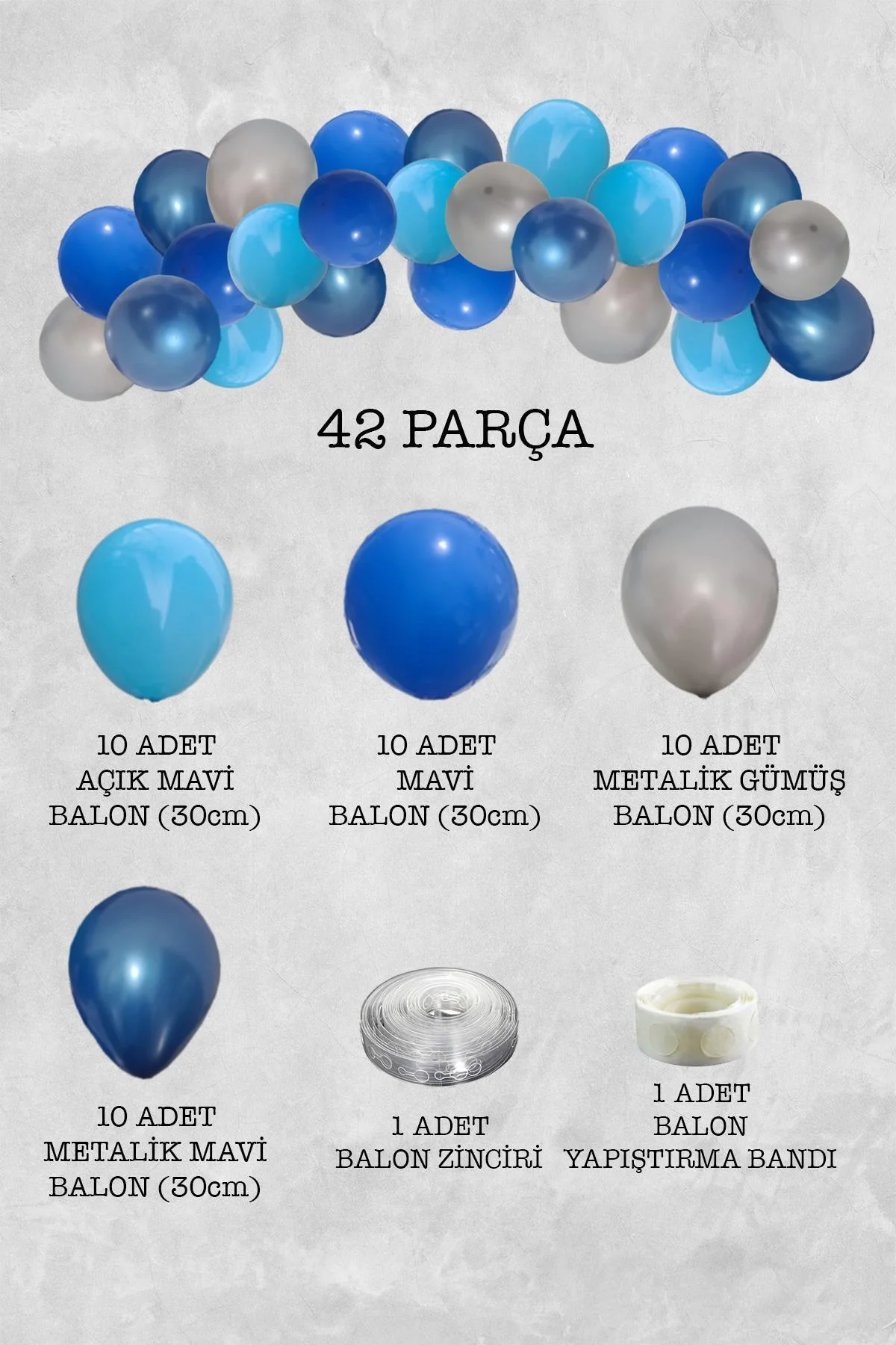 Metalik Mavi Gümüş Balon Zinciri 42 Parça - PEKSHOP Görsel 2
