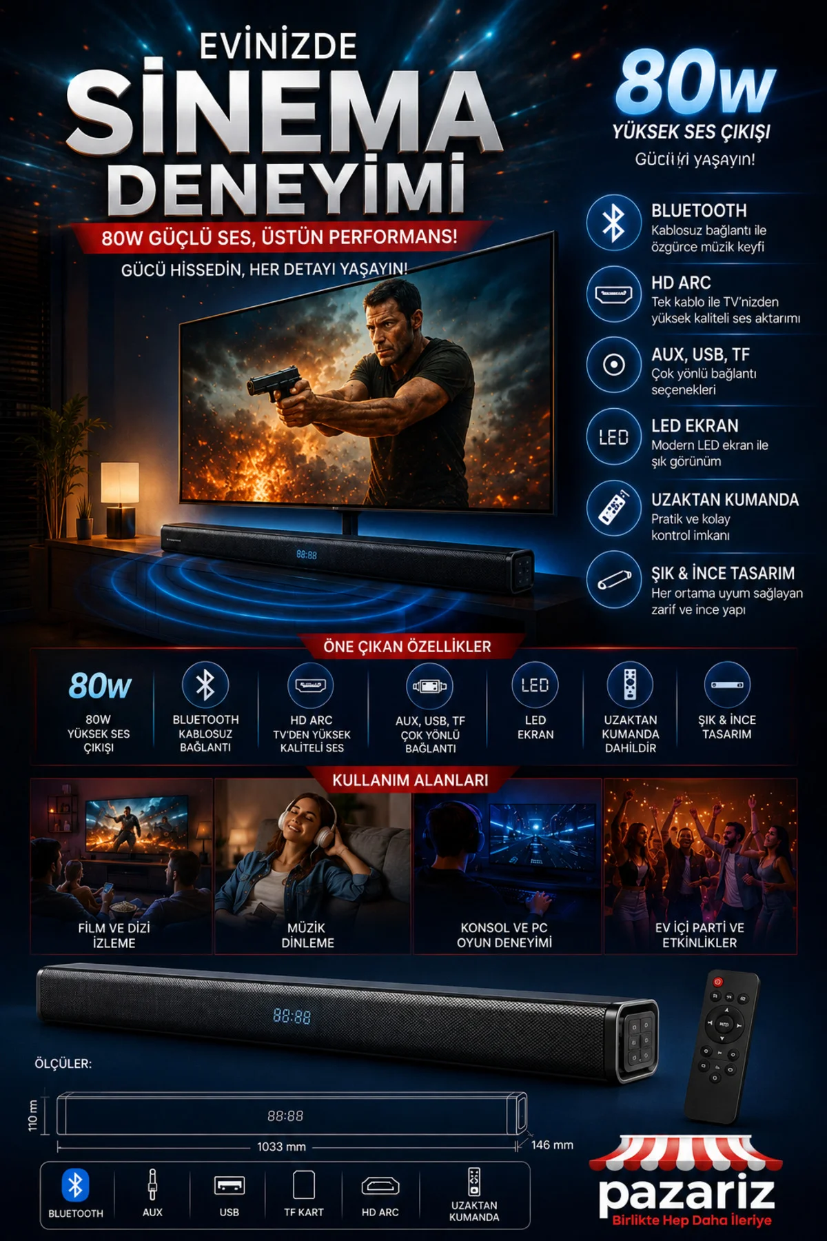 Soundbar Kablosuz Ev Sinema Sistemi Stereo Hd Ses Kalitesi 80W Led Ekranlı Tv005 - pazariz Görsel 2