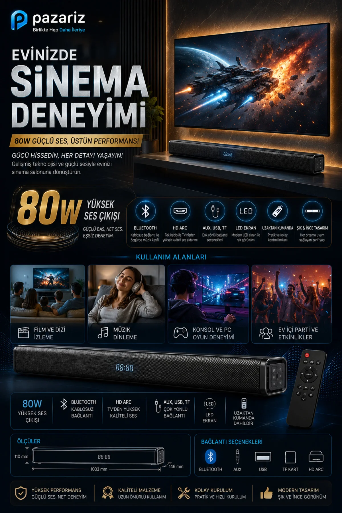 Soundbar Kablosuz Ev Sinema Sistemi Stereo Hd Ses Kalitesi 80W Led Ekranlı Tv005